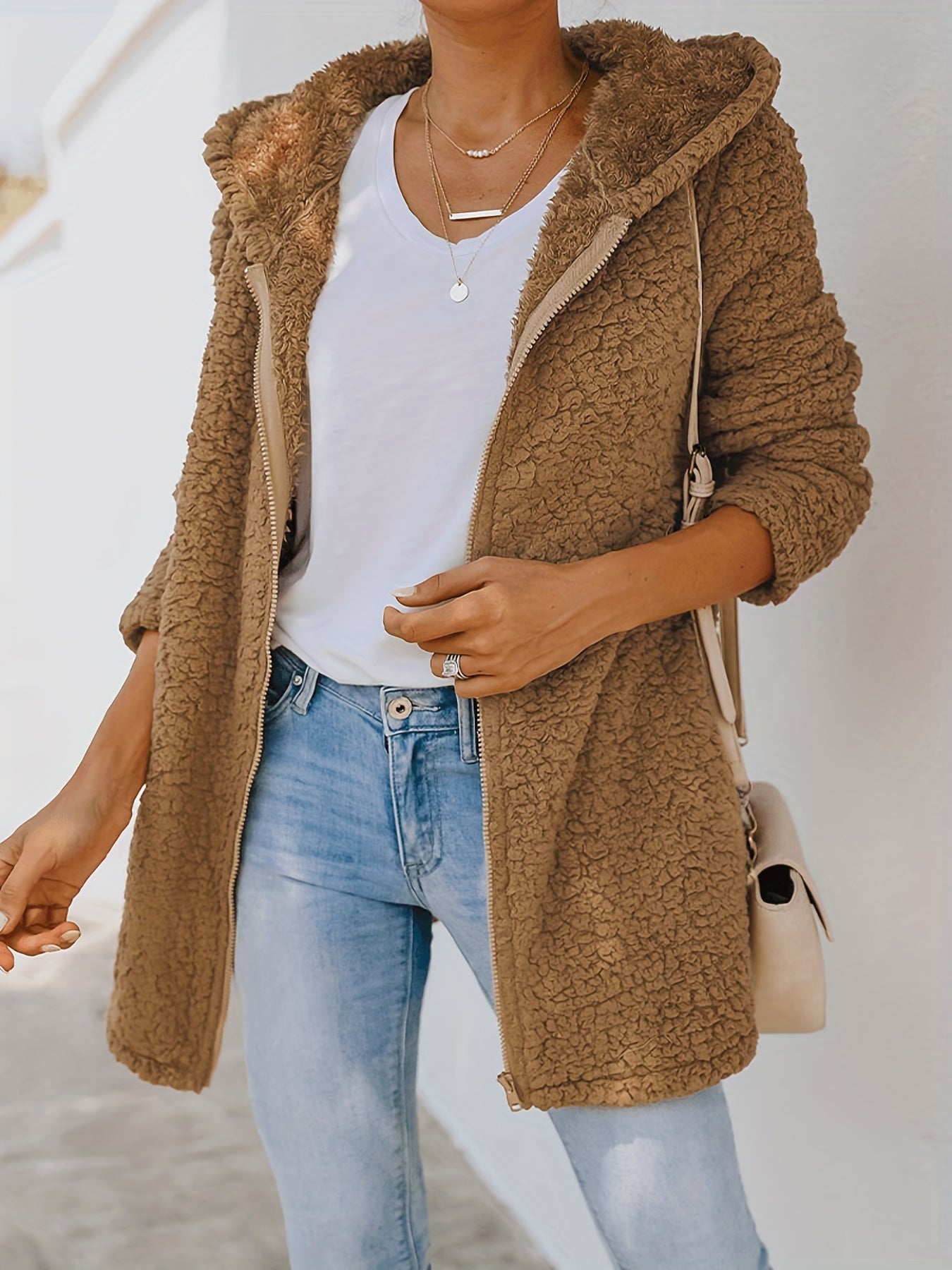 Sixsr Plus Size Casual Coat, Women's Plus Solid Fluffy Long Sleeve Zip Up Hooded Teddy Coat