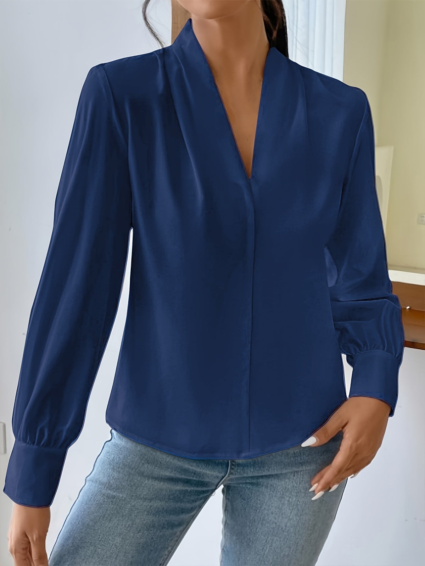 Sixsr Tucked Simple Blouse, Casual V Neck Long Sleeve Blouse, Women's Clothing