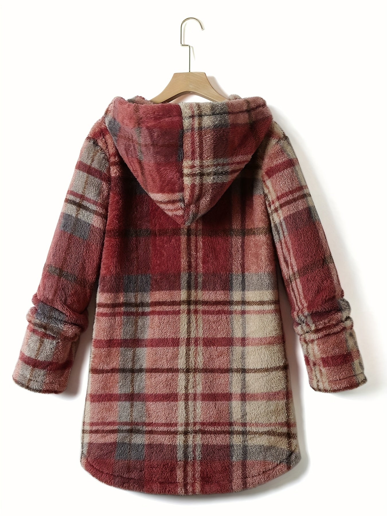 Sixsr Plus Size Casual Winter Coat, Women's Plus Plaid Pattern Fleece Liner Drop Shoulder Hooded Teddy Coat With Pockets