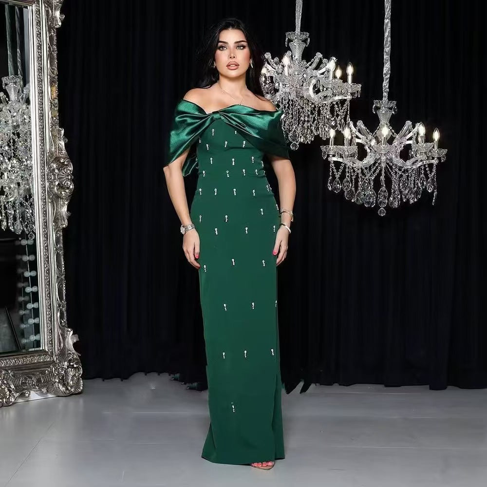 Womens Fall Fashion Women New High Street Style Long Dress Long Sleeve Card Shoulder Dress Pure Color Ankle Length Dress