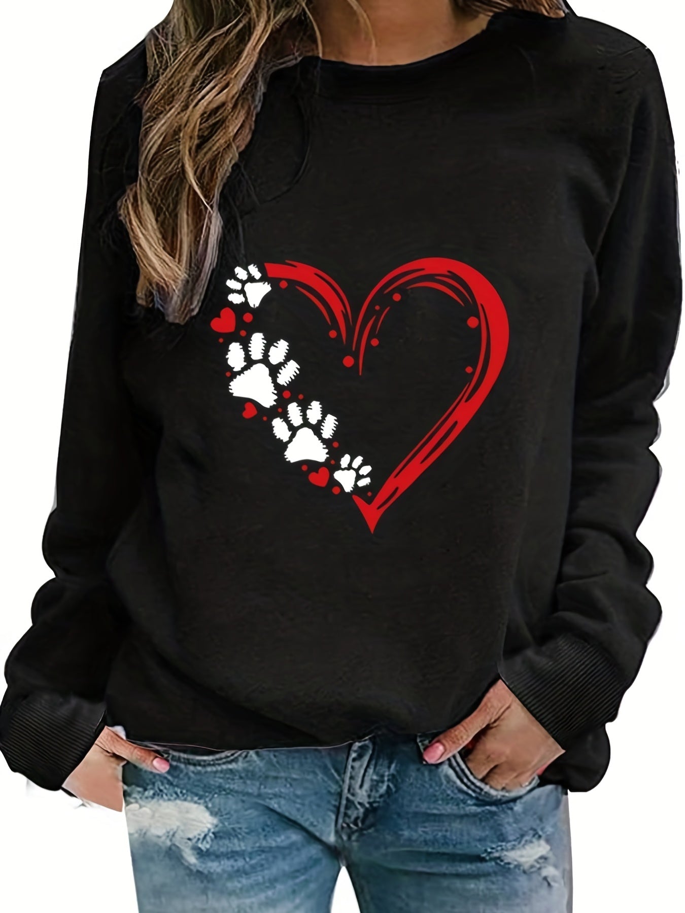 Sixsr Plus Size Casual Sweatshirt, Women's Plus Paw Heart Print Long Sleeve Round Neck Slight Stretch Sweatshirt