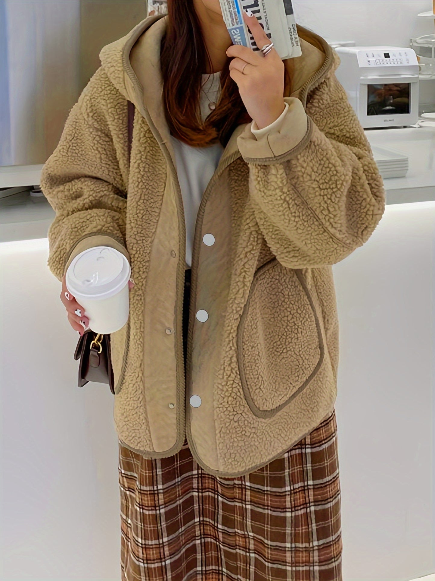 Sixsr Solid Hooded Teddy Coat, Casual Button Front Long Sleeve Winter Outerwear, Women's Clothing