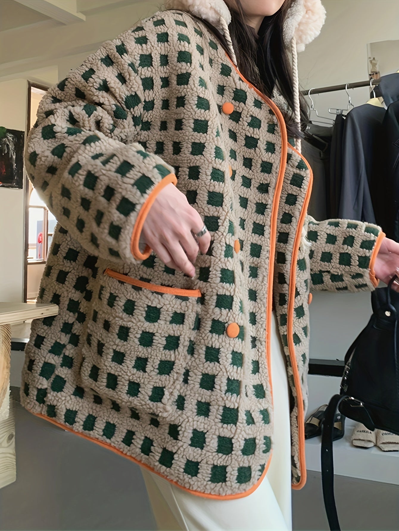 Sixsr Plaid Pattern Double-breasted Coat, Casual Long Sleeve Dual Pocket Warm Outerwear, Women's Clothing
