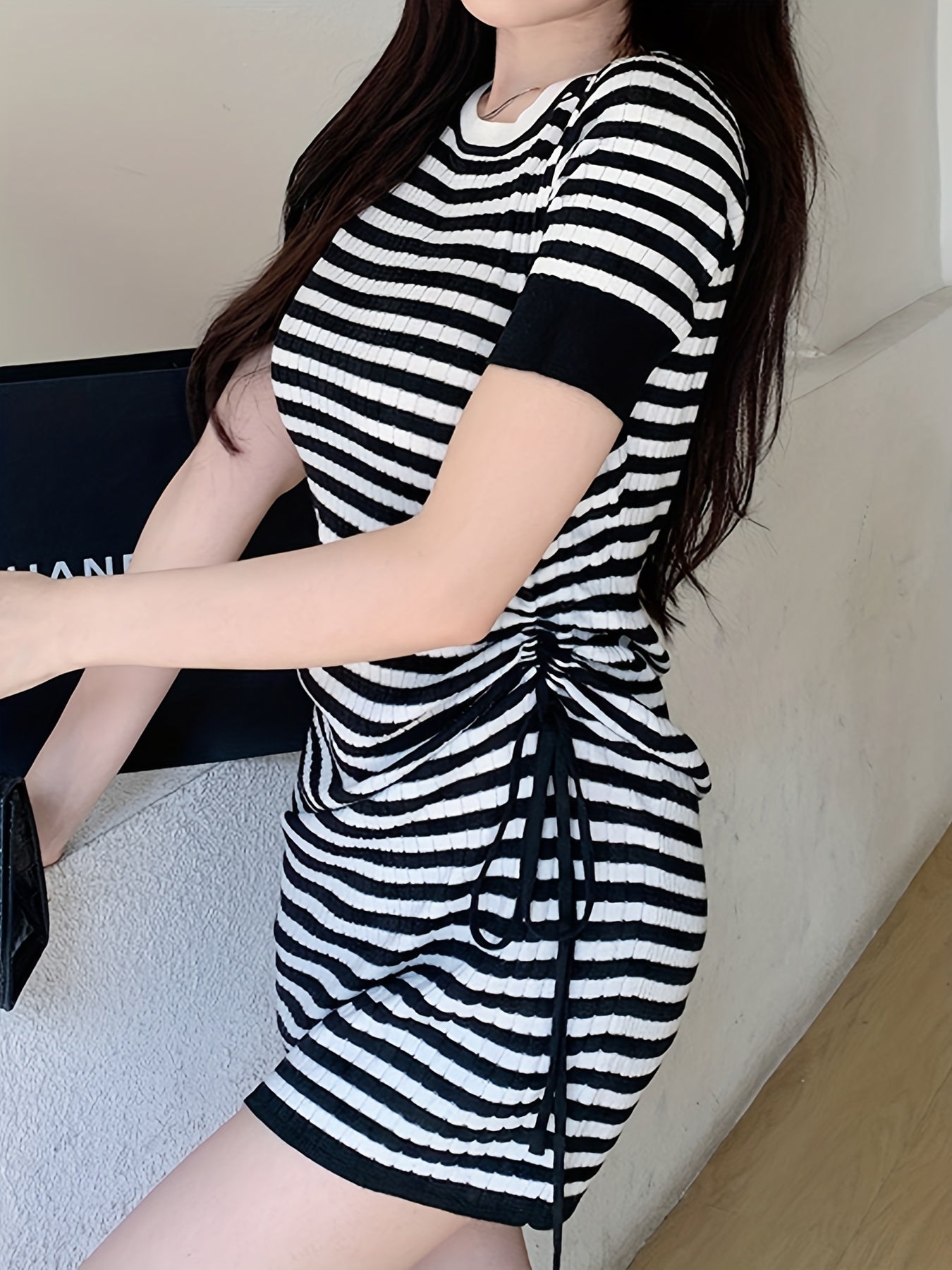 Sixsr Striped Bodycon Dress, Casual Cute Crew Neck Short Sleeve Bag Hip Drawstring Dress, Women's Clothing