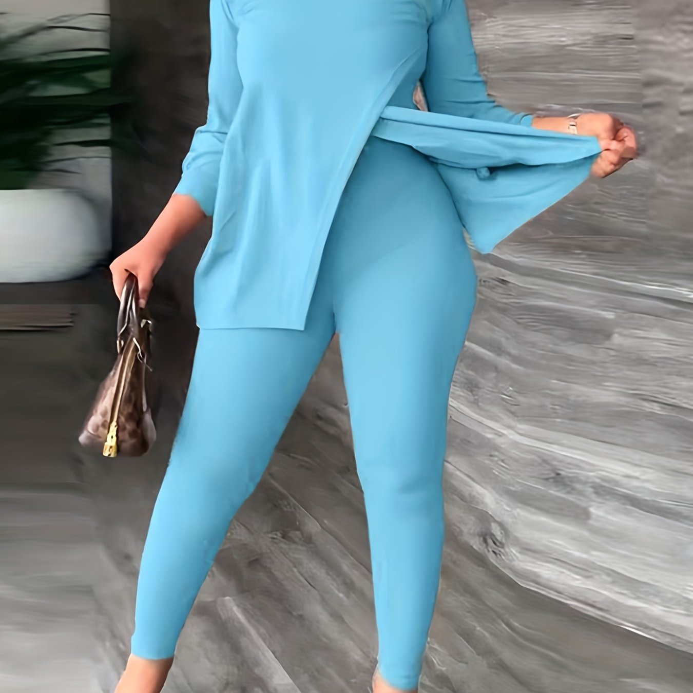 Women's two-piece Solid Casual Set - Split Short Sleeve Tee & High Waist Slim Pants Outfit for Comfortable and Stylish Look