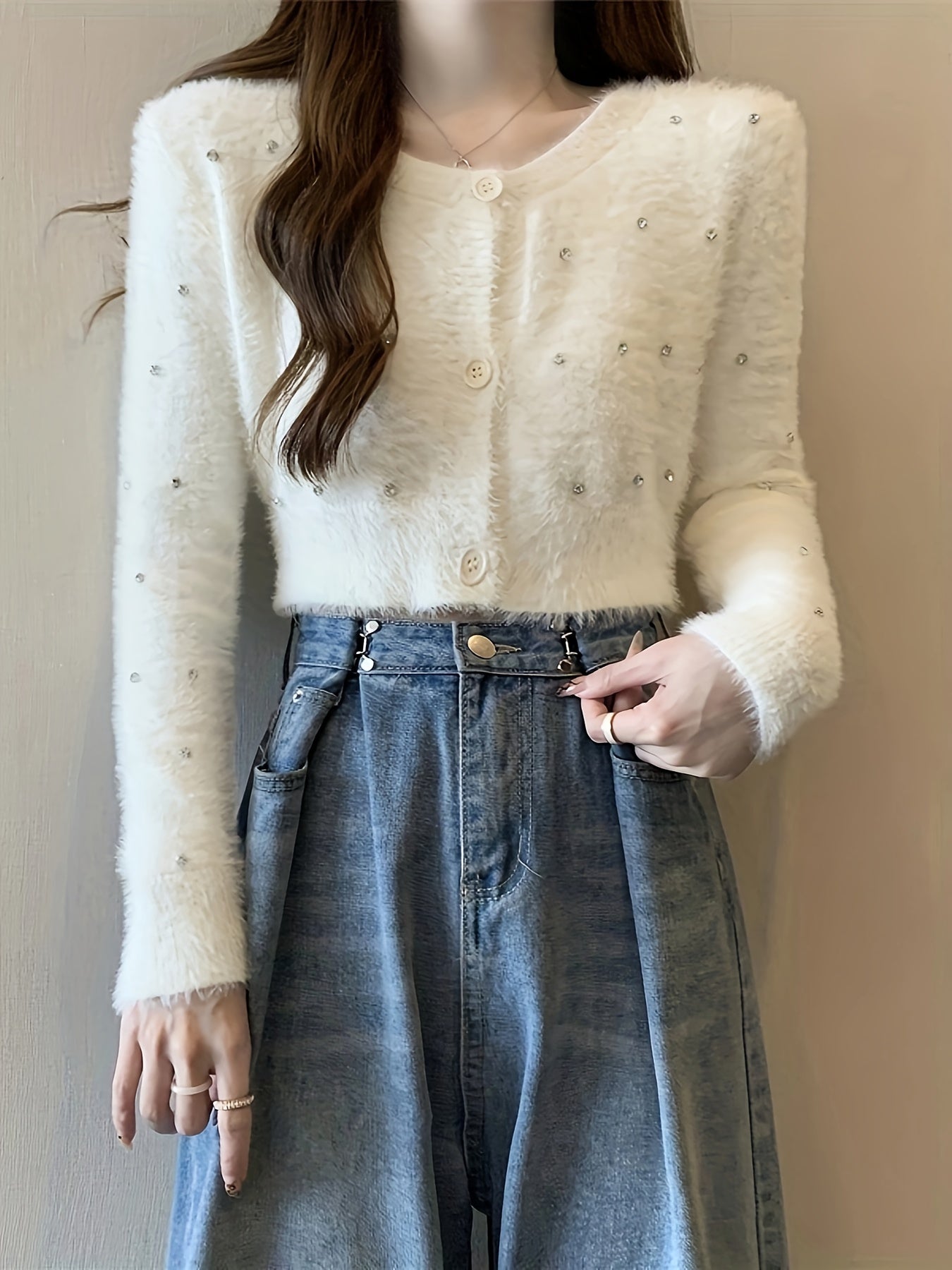 Sixsr Rhinestone Button Down Plush Cardigan, Casual Crew Neck Long Sleeve Crop Sweater, Women's Clothing