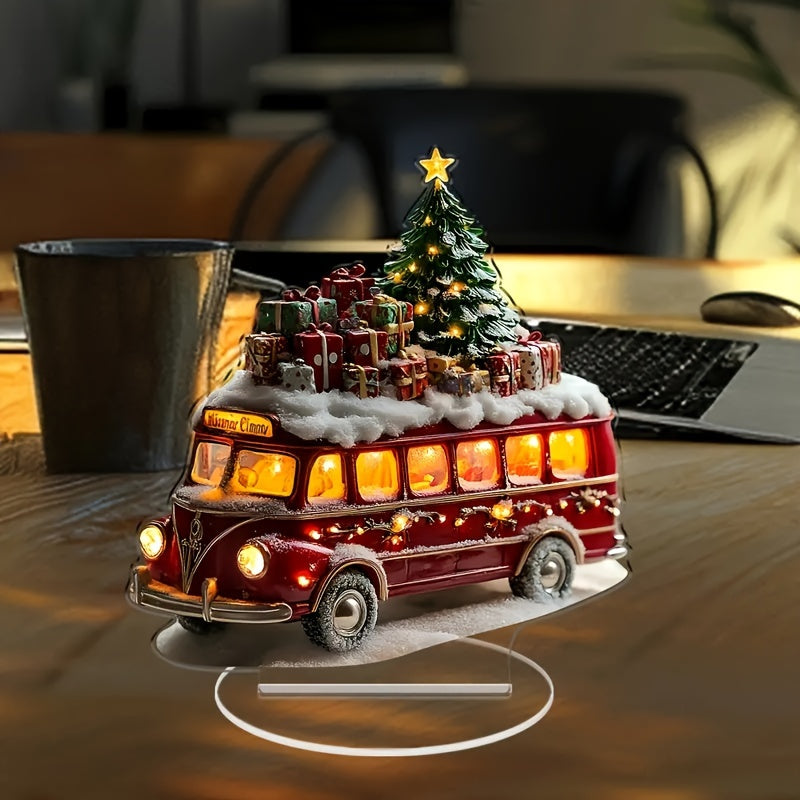 1pc Classic Christmas Bus Tabletop Decor with Lighted Tree and Gifts - Polypropylene Double-Sided Print, Festive Holiday Ornament for Home, Bedroom, Dining Table, Multipurpose Christmas Decoration