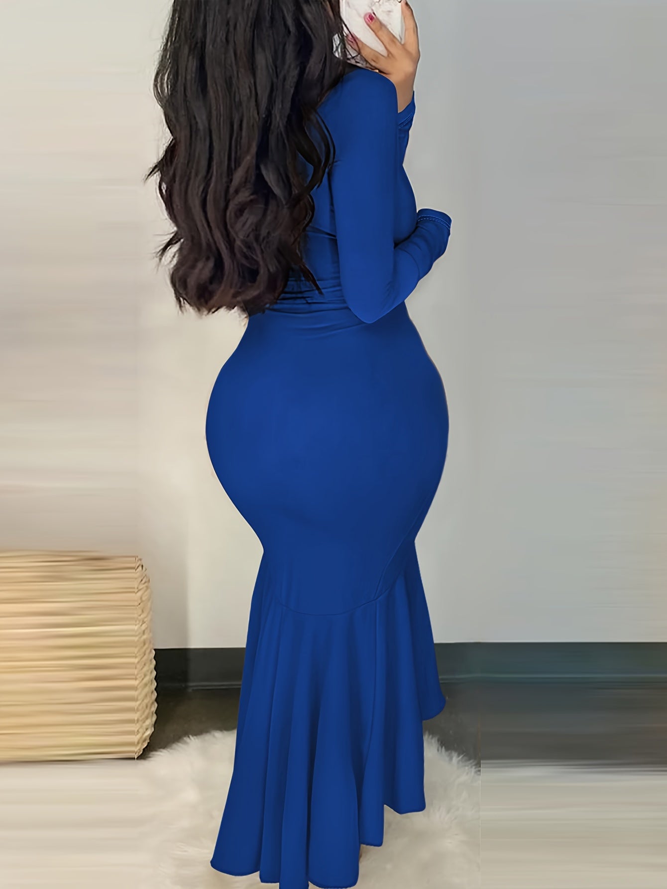 Ruffle Hem Plunging Dress, Sexy Long Sleeve Bodycon Asymmetrical Dress, Women's Clothing