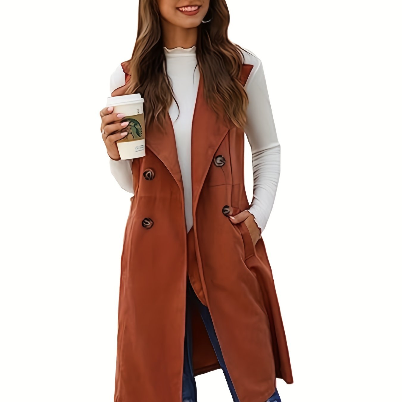 Sixsr Plus Size Casual Jacket, Women's Plus Double Breasted Sleeveless Long Vest Jacket With Pockets