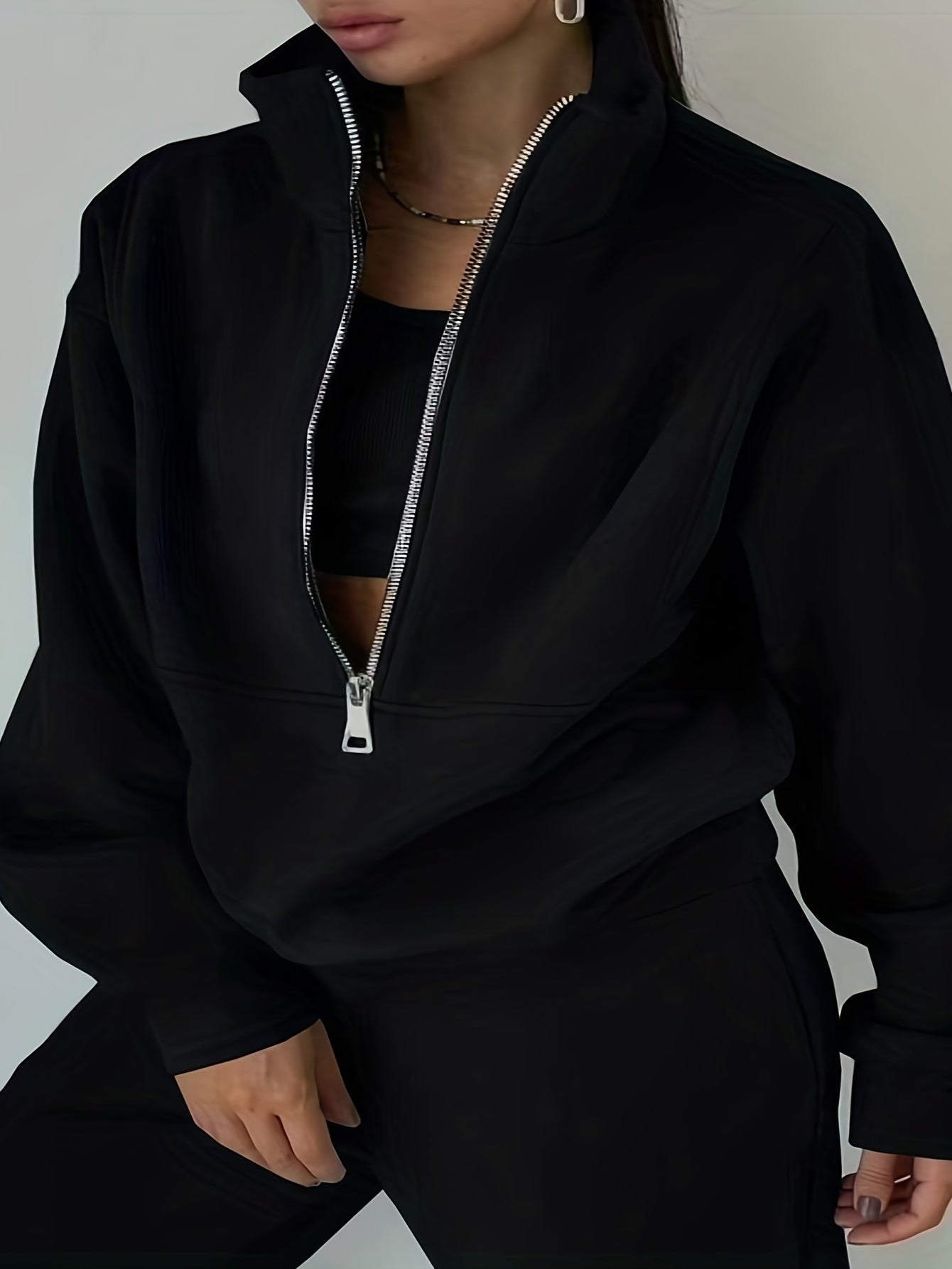 Sixsr Casual Matching Two-piece Set, Zip Up Sweatshirt & Solid Sweatpants Outfits, Women's Clothing