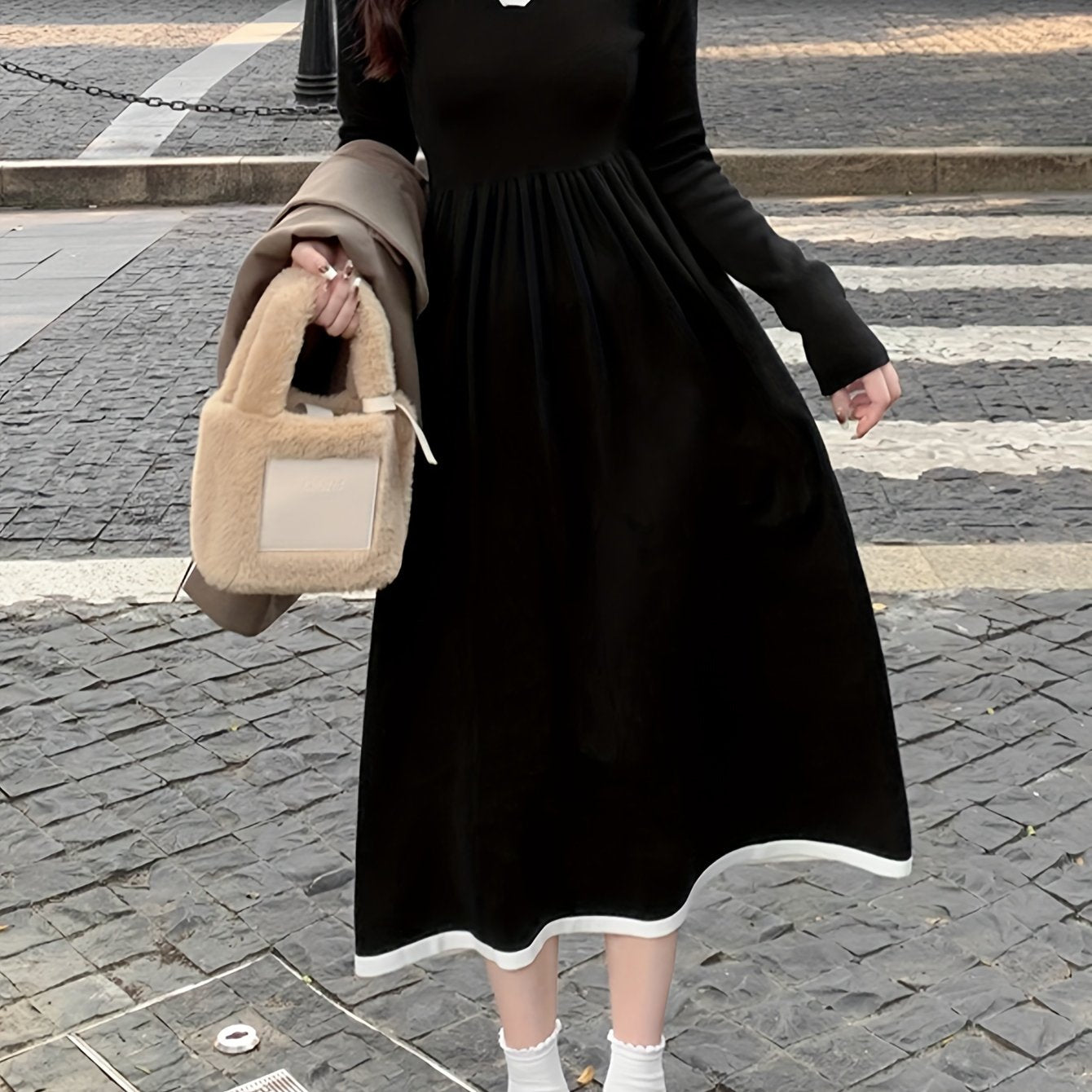 Sixsr Contrast Trim Collared Aline Dress, Elegant Long Sleeve Smocked Dress For Spring & Fall, Women's Clothing