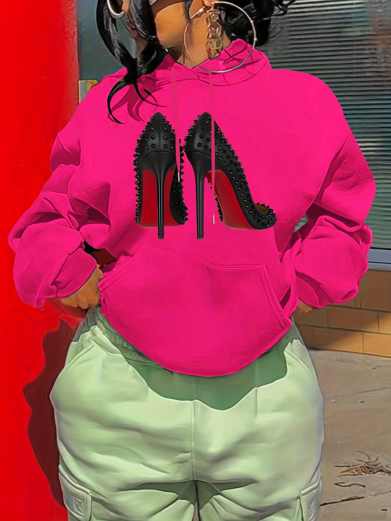 Sixsr High Heels Print Hoodie, Casual Pocket Long Sleeve Drawstring Hoodies Sweatshirt, Women's Clothing
