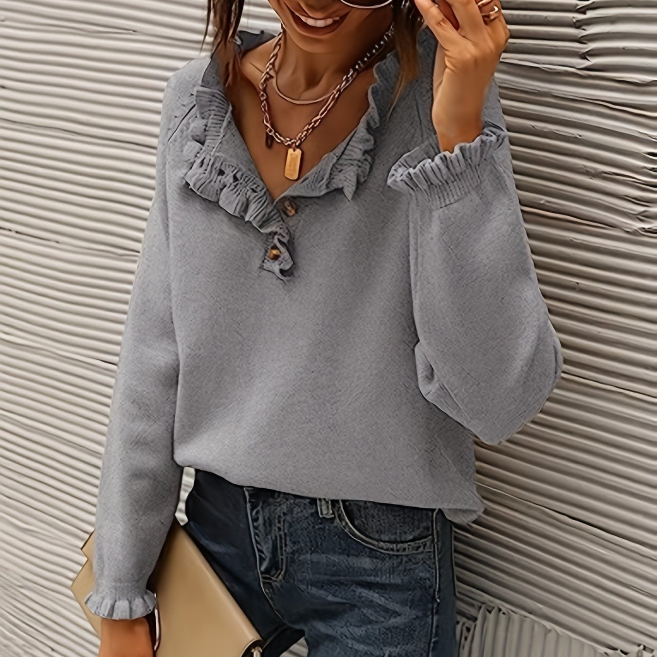 Sixsr Solid V Neck Button Ruffle Hem Pullover Sweater, Casual Long Sleeve Sweater For Fall & Winter, Women's Clothing