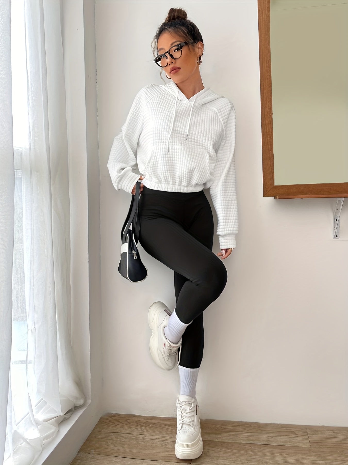 Sixsr Textured Drawstring Hoodies, Casual Long Sleeve Kangaroo Pocket Sweatshirt, Women's Clothing