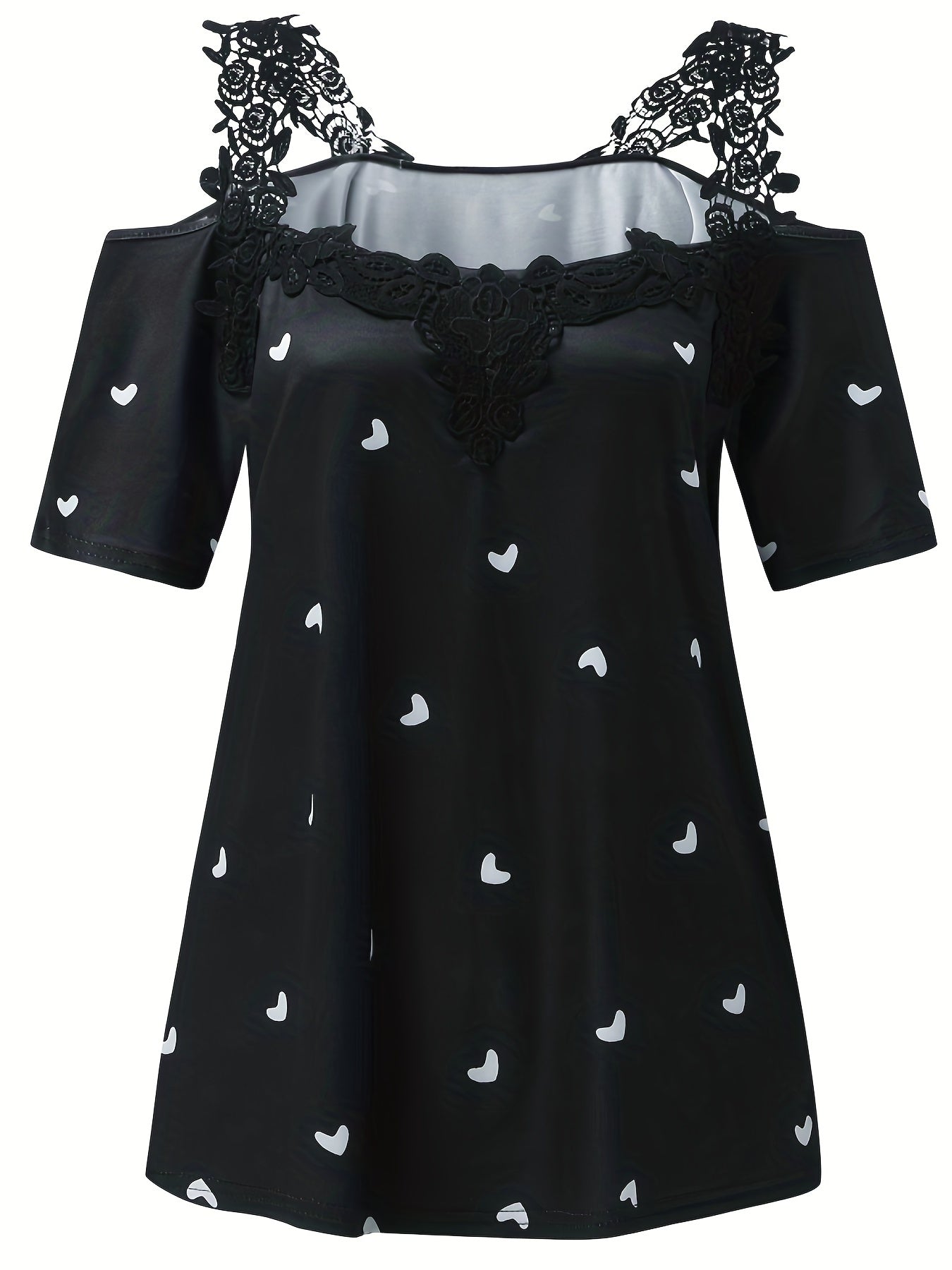 Sixsr Heart Print Contrast Lace T-shirt, Casual Cold Shoulder Short Sleeve T-shirt, Women's Clothing