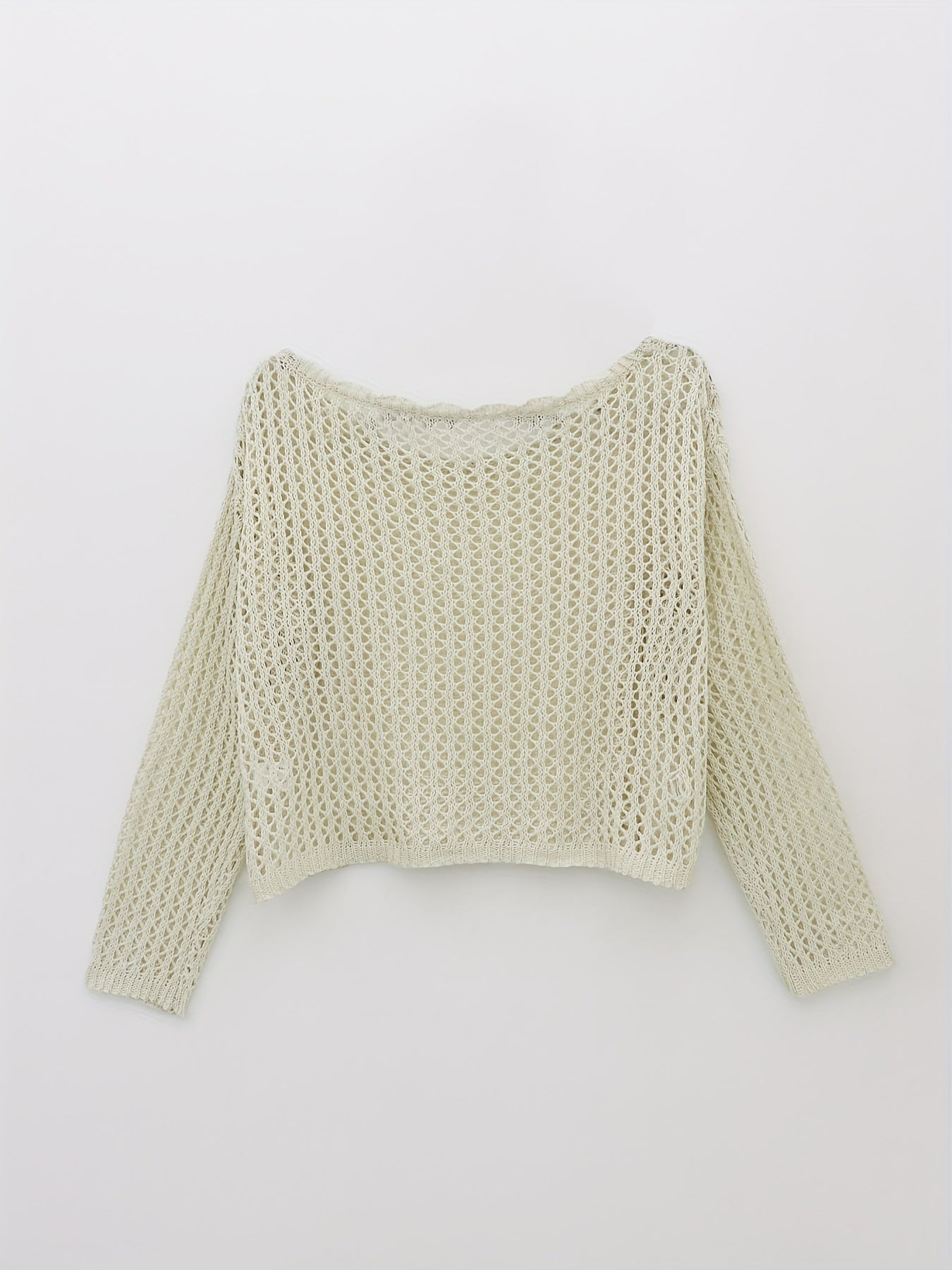 Sixsr Crochet Beach Wear Knit Sweater, Vacation Solid Crew Neck Long Sleeve Summer Sweater, Women's Clothing