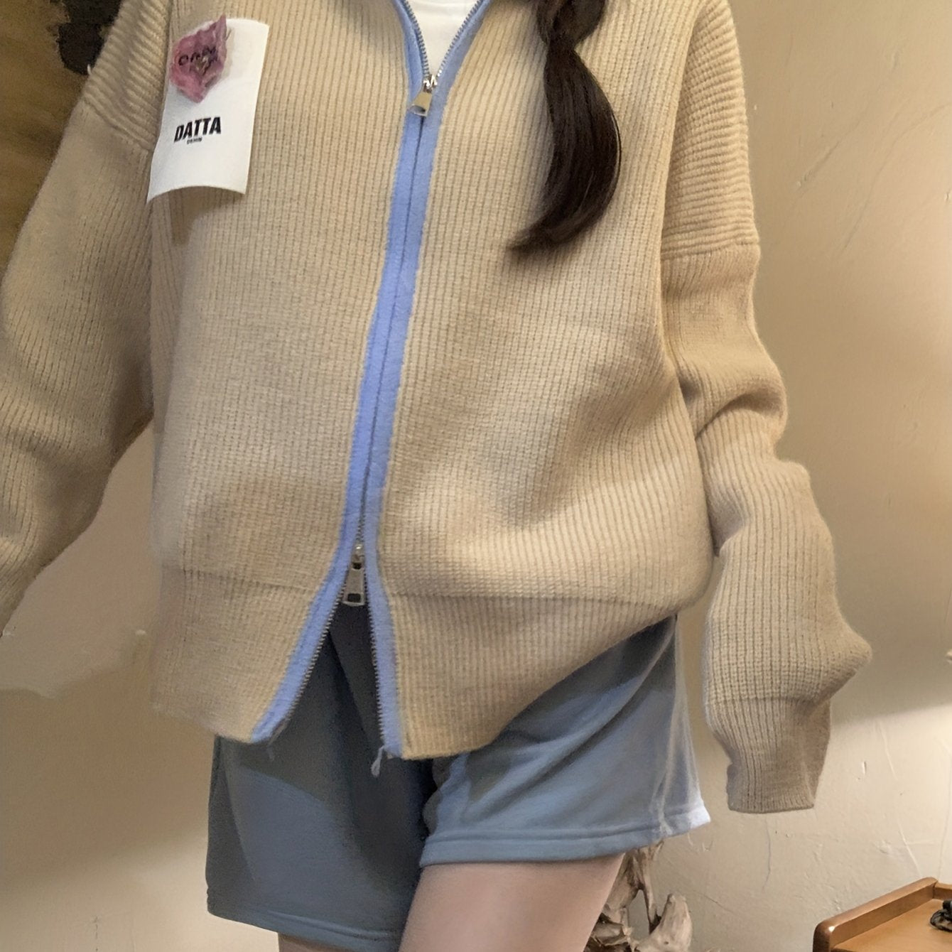 Sixsr Color Block Zip Up Knit Cardigan, Casual Collared Long Sleeve Loose Sweater, Women's Clothing