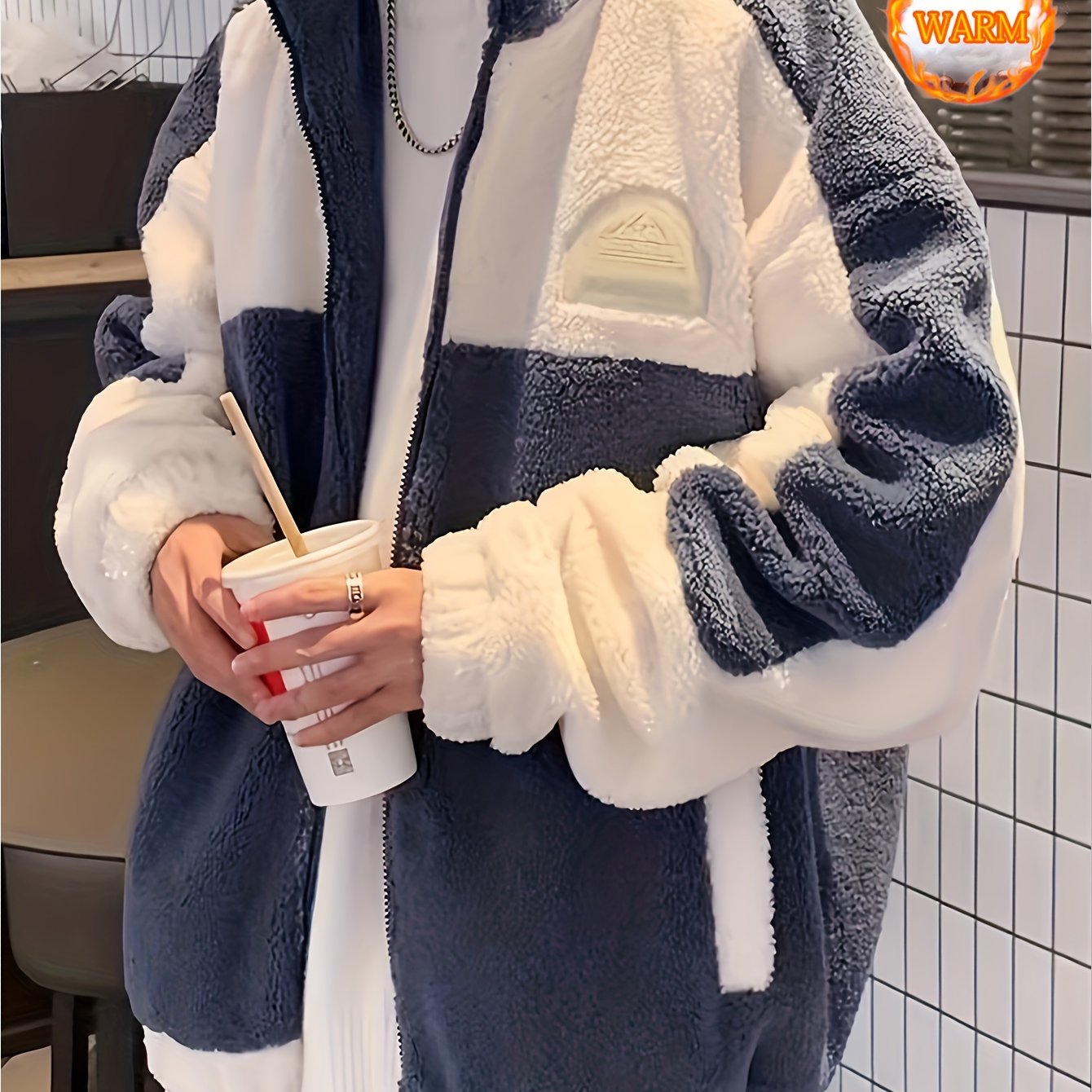 Sixsr Warm Plush Fleece Jacket, Men's Casual Color Block Stand Collar Jacket Coat For Fall Winter