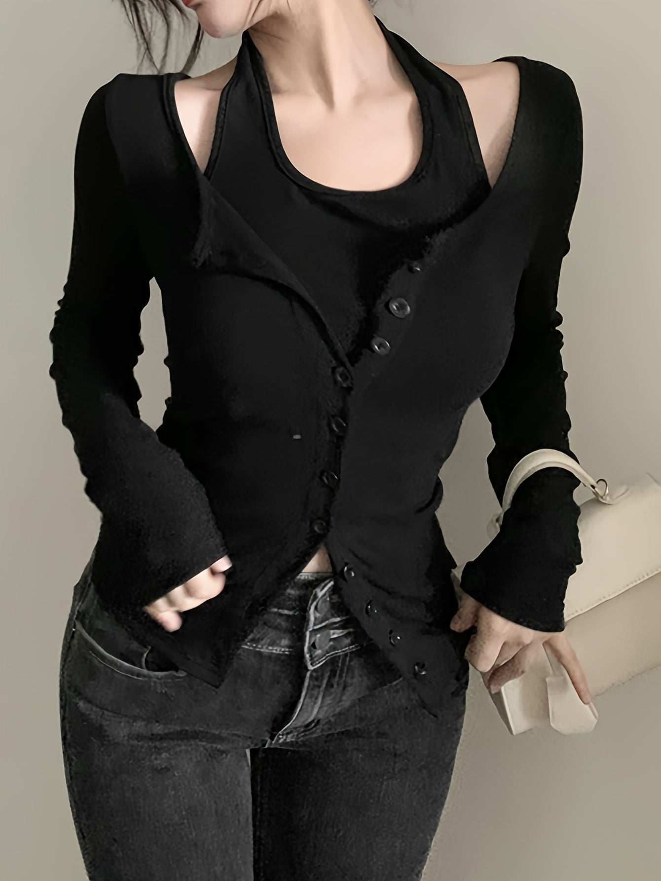 Sixsr Faux Twinset Halter Neck Top, Casual Long Sleeve Button Top For Spring & Fall, Women's Clothing