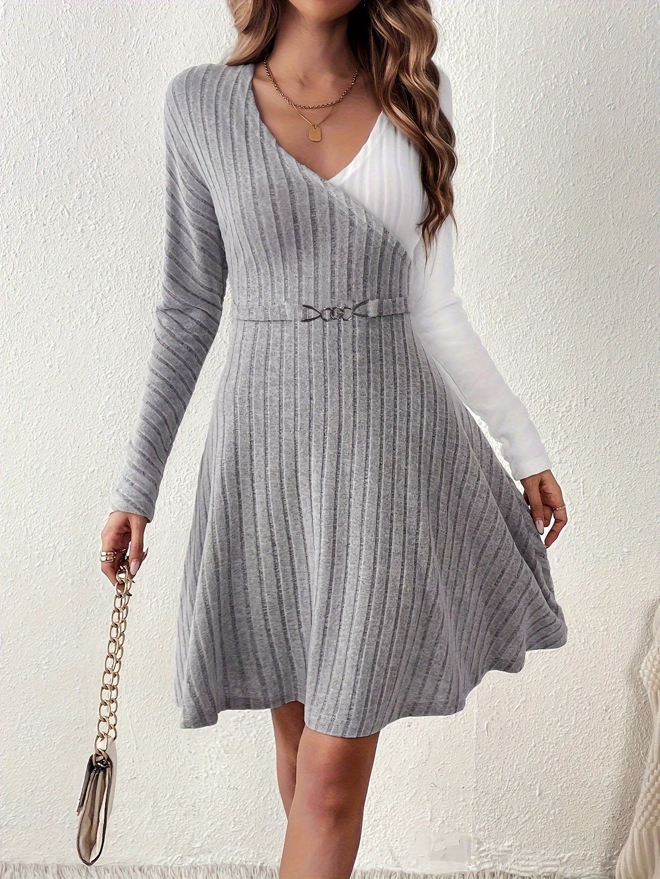 Sixsr Ribbed Color Block Dress, Elegant A-line V Neck Long Sleeve Dress, Women's Clothing
