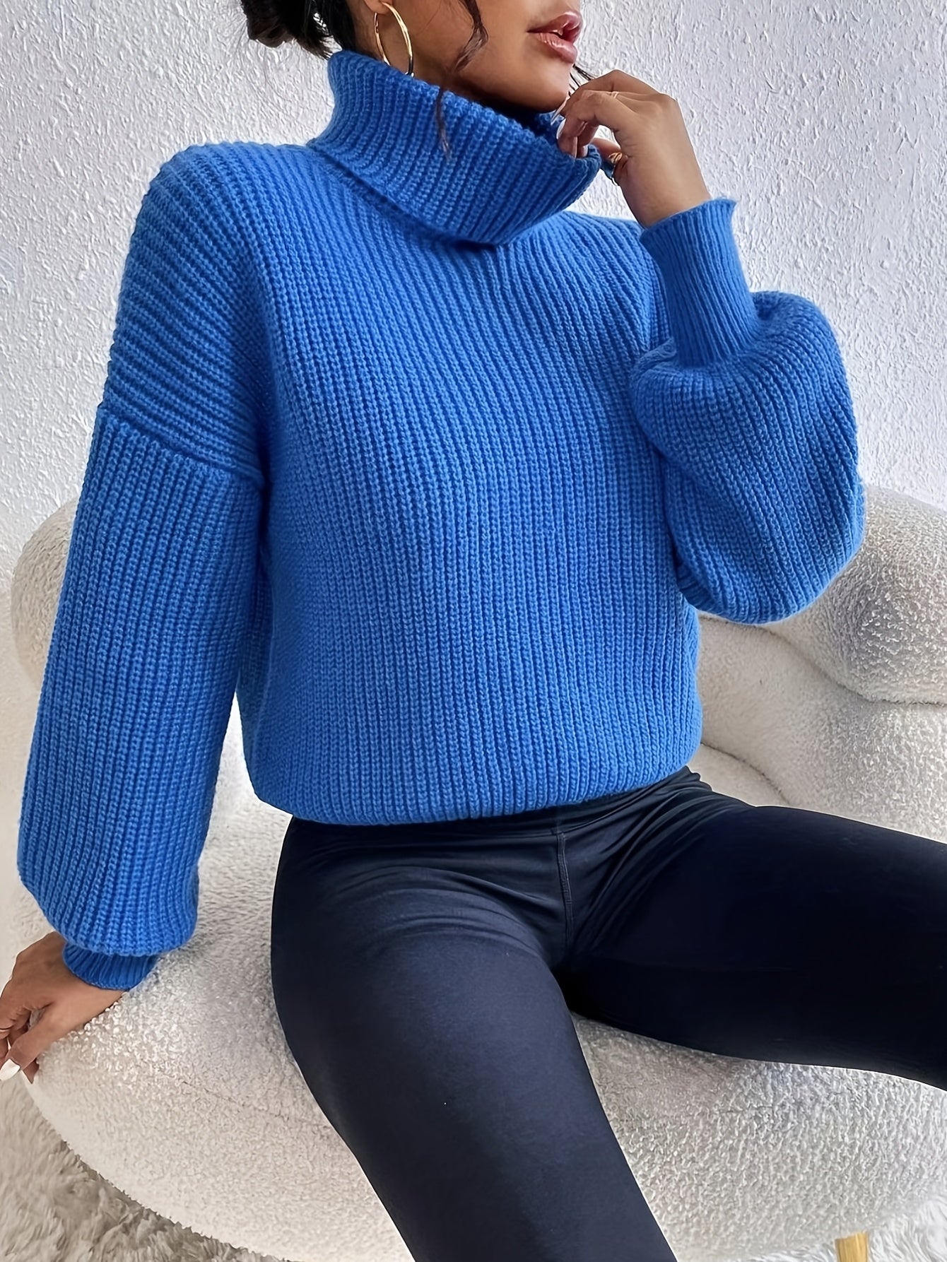 Sixsr Solid Turtle Neck Sweater, Casual Long Sleeve Drop Shoulder Sweater, Women's Clothing