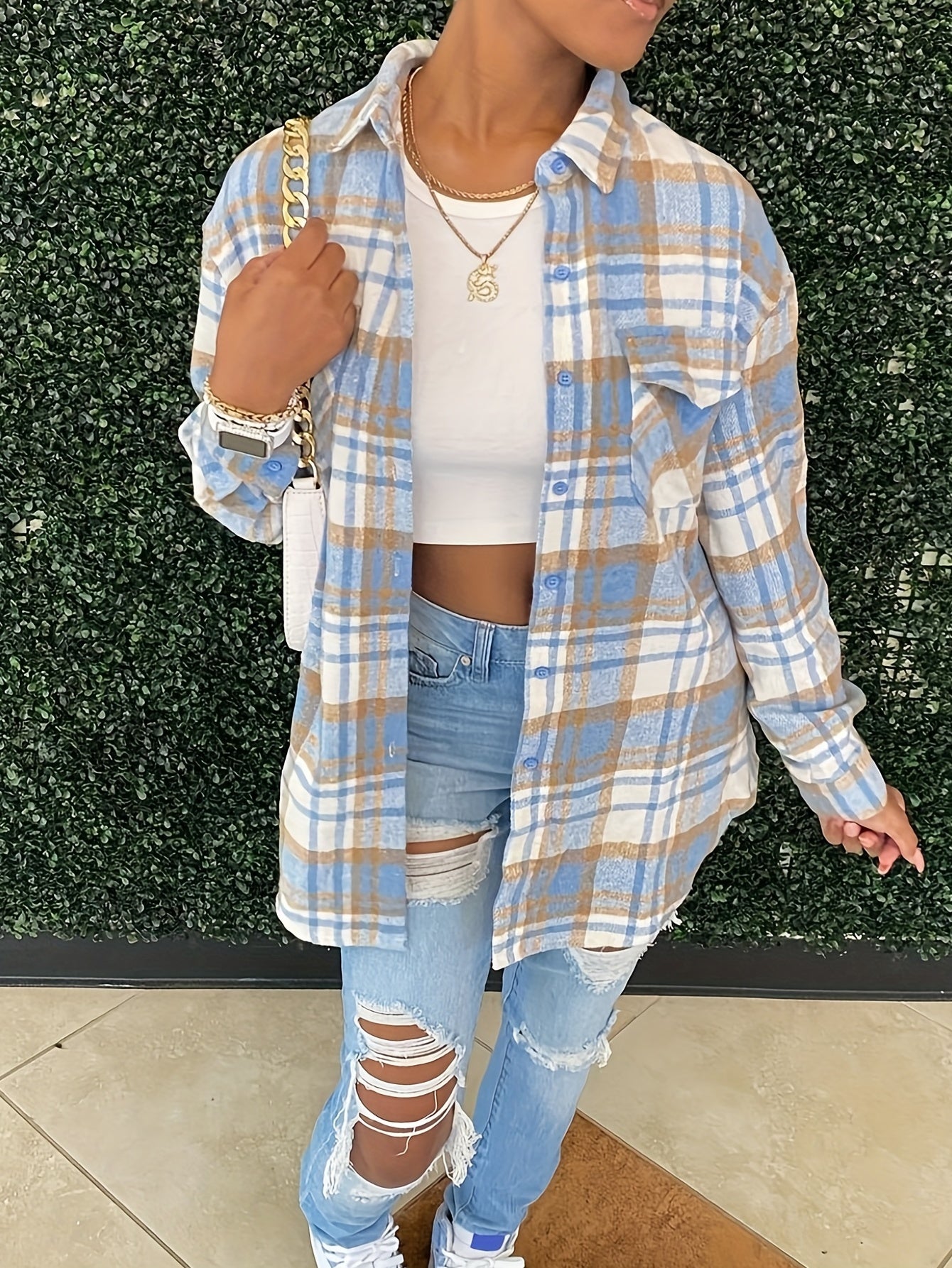 Sixsr Plus Size Plaid Print Turn Down Collar Coat, Women's Plus Casual Long Sleeve Button Up Overcoat