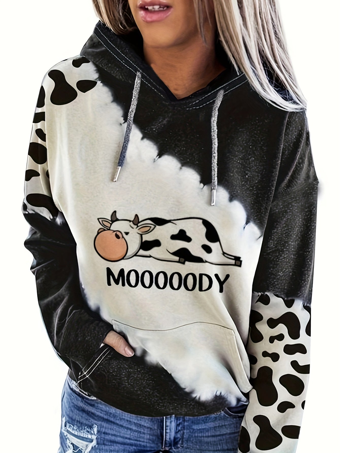 Sixsr Cow & Letter Print Hoodies, Casual Drawstring Kangaroo Pocket Sweatshirt, Women's Clothing