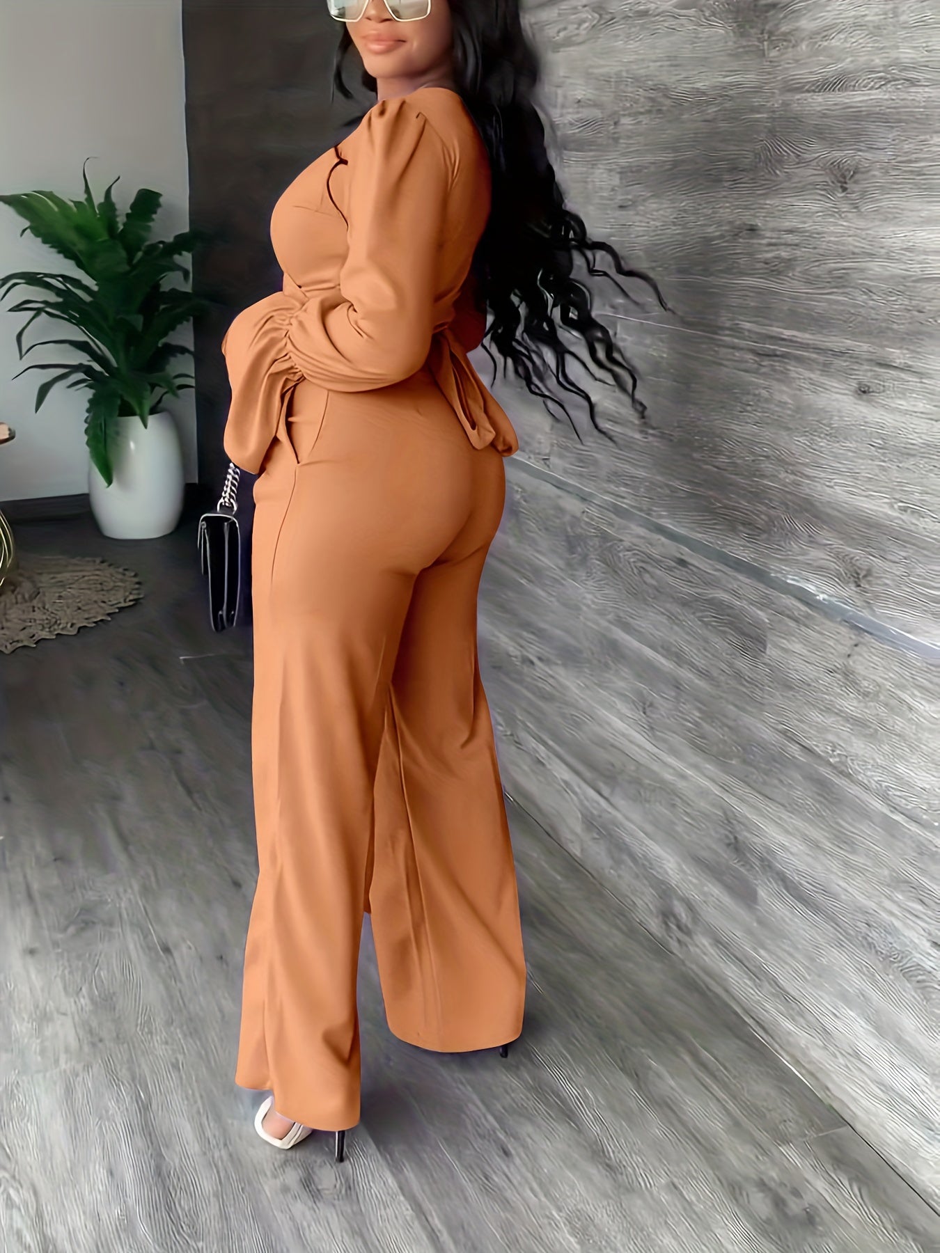 Sixsr Solid Casual Two-piece Set, Surplice Neck Long Sleeve Tops & High Waist Wide Leg Pants Outfits, Women's Clothing