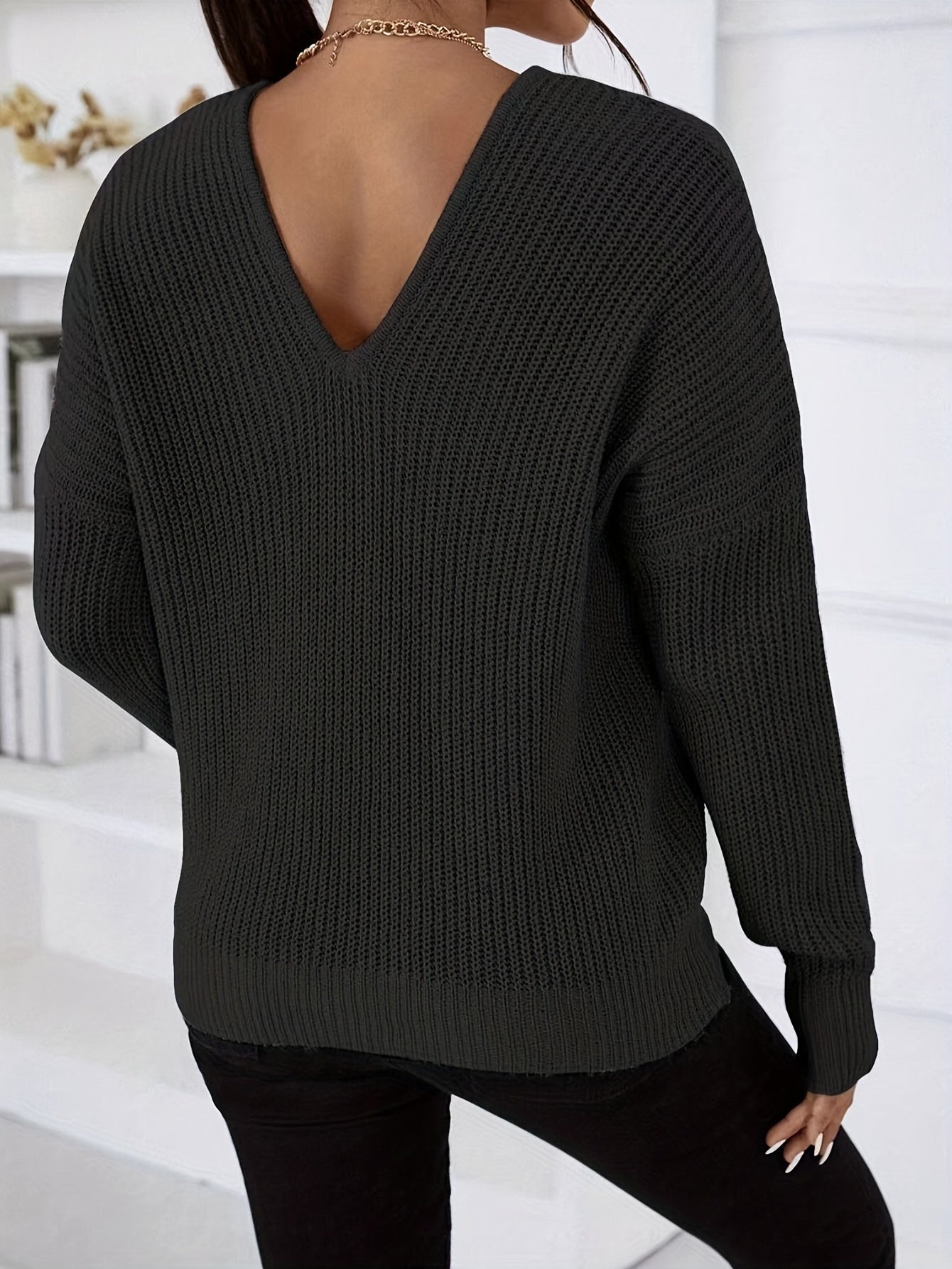 Sixsr Solid V Neck Drop Shoulder Pullover Sweater, Casual Long Sleeve Sweater For Spring & Fall, Women's Clothing