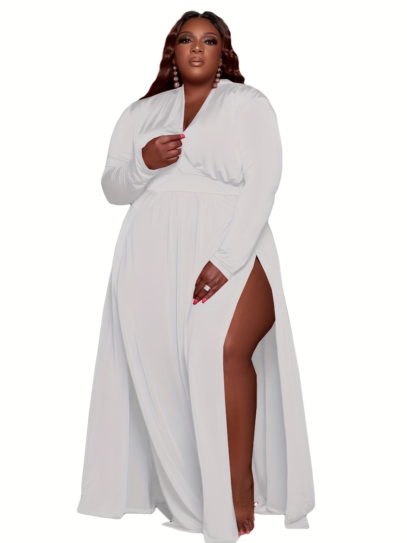 Sixsr Plus Size Sexy Dress, Women's Plus Solid Long Sleeve Surplice Neck High Split Slight Stretch Dress