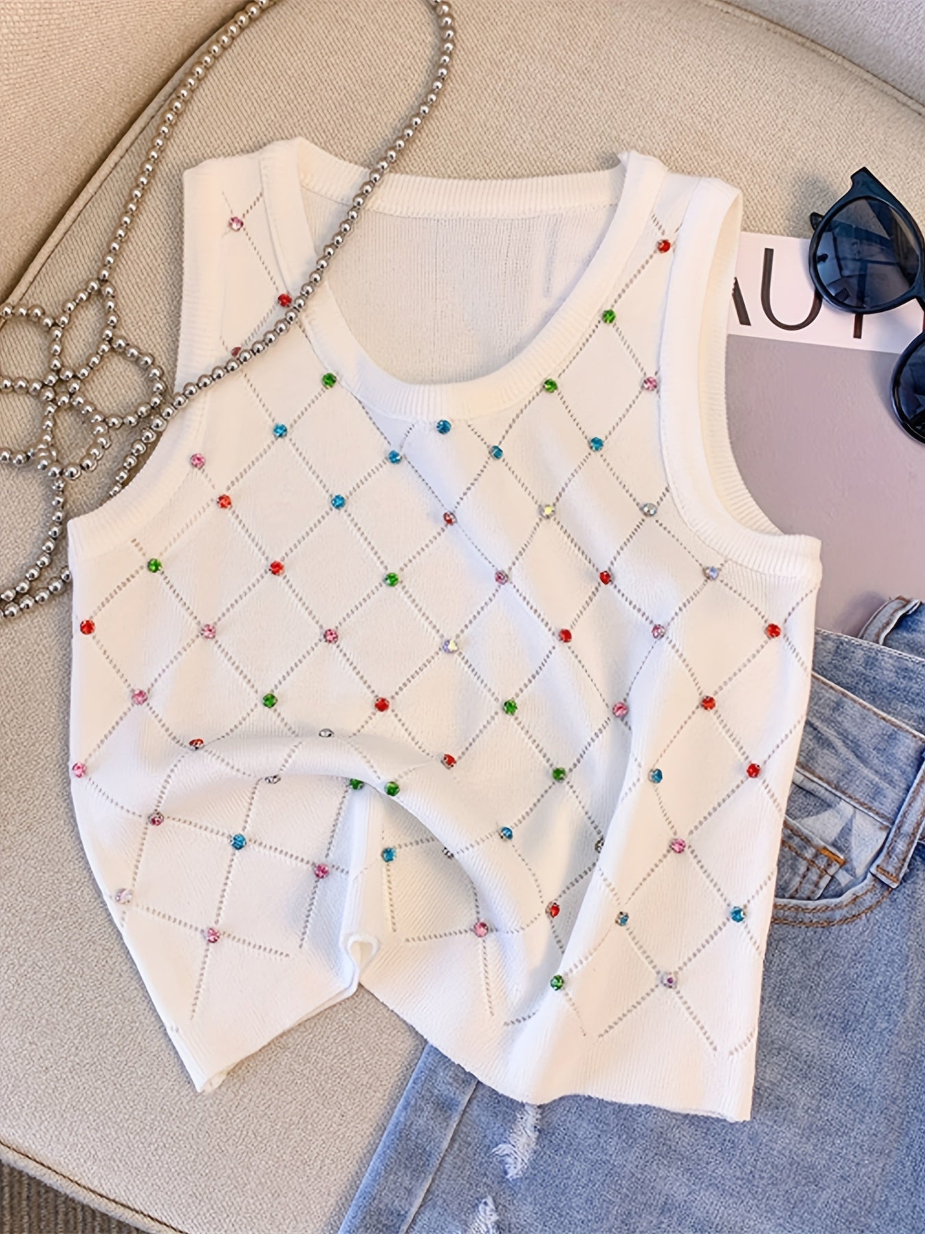Sixsr Colorful Rhinestone Knitted Tank Top, Casual Crew Neck Sleeveless Tank Top For Summer, Women's Clothing