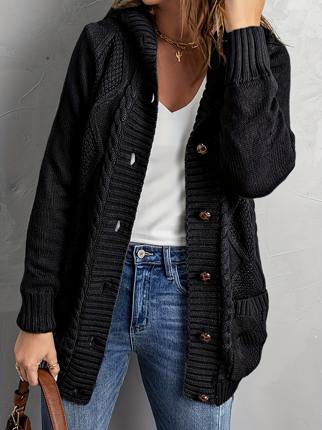 Sixsr Plus Size Casual Sweater, Women's Plus Plain Cable Button Up Hooded Long Sleeve Jumper