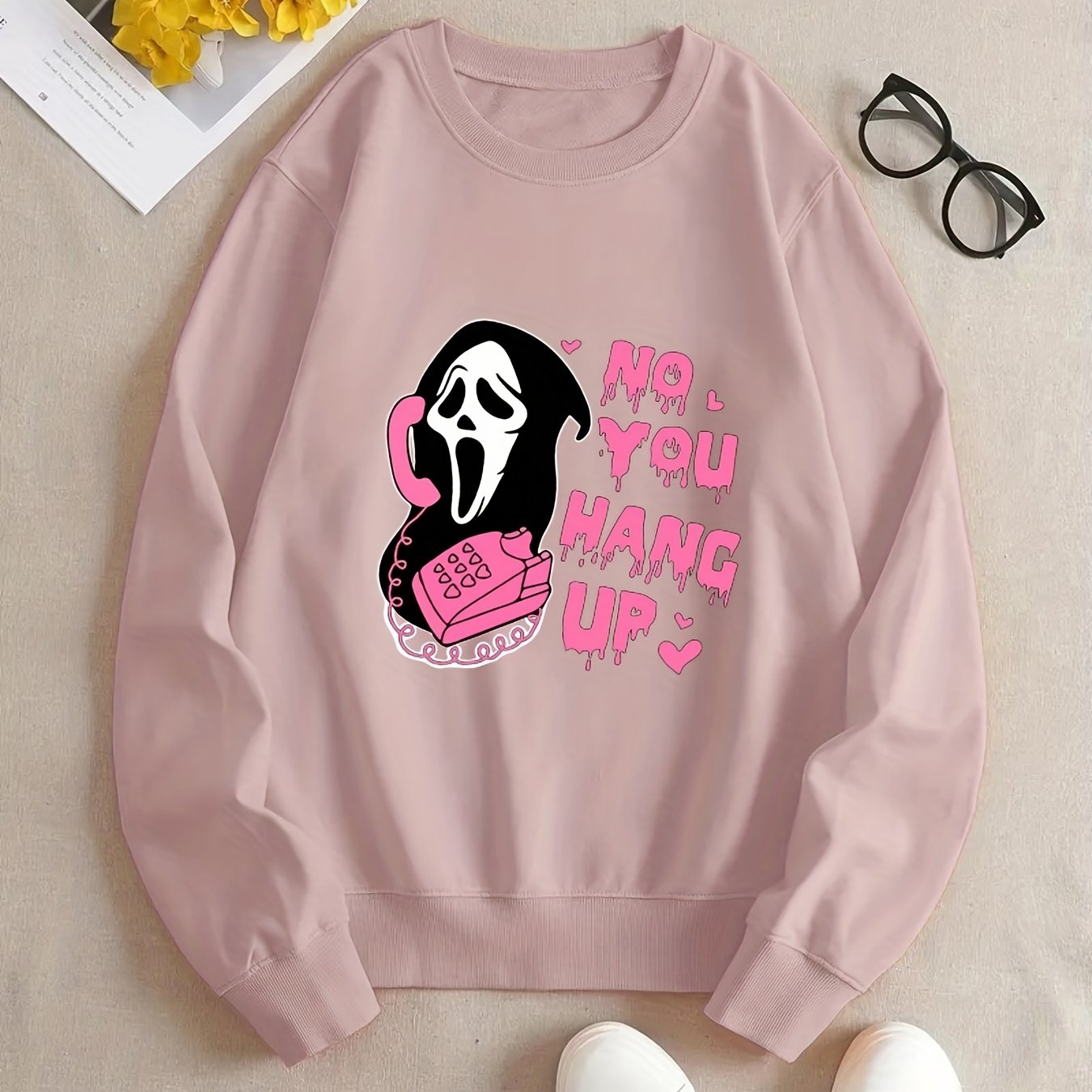 Sixsr Plus Size Halloween Casual Sweatshirt, Women's Plus Skull & Slogan Print Long Sleeve Round Neck Slight Stretch Sweatshirt