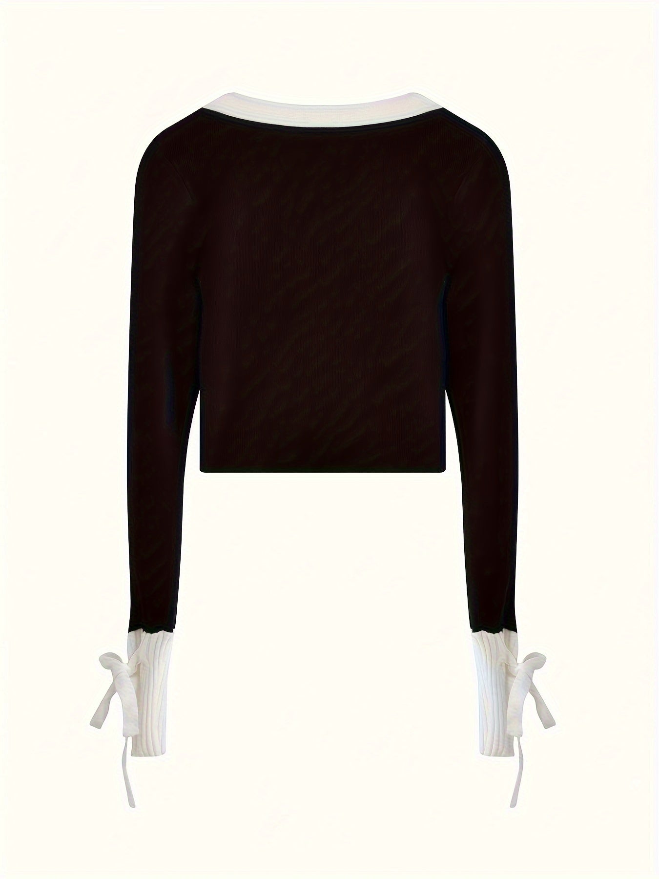 Sixsr Color Block Scoop Neck Knitted Top, Casual Tied Long Sleeve Crop Pullover Sweater, Women's Clothing