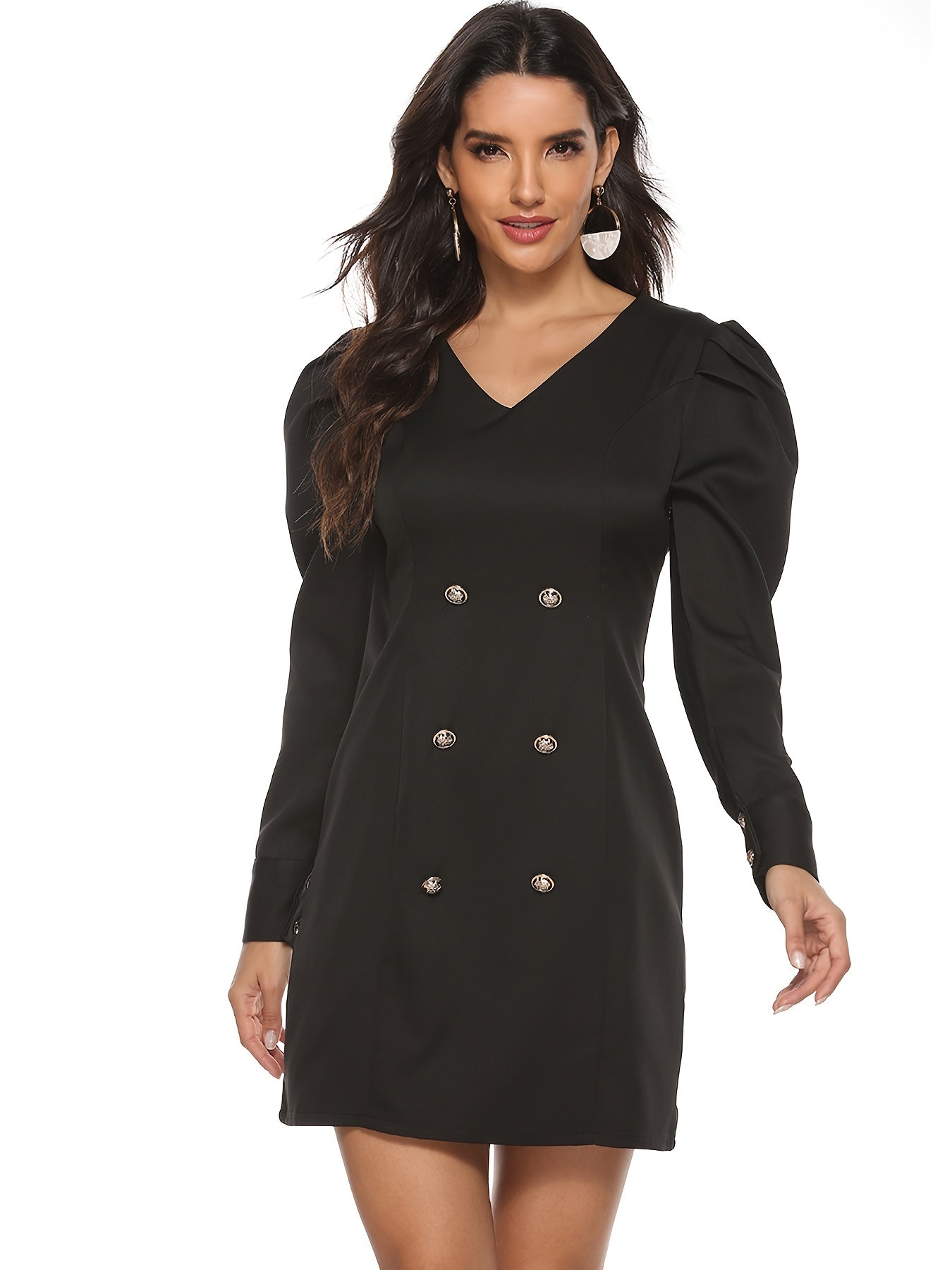 Sixsr Double Breasted Ruffle Hem Solid Tweed Dress, Temperament Slim Ruffled Solid Dress, Women's Clothing