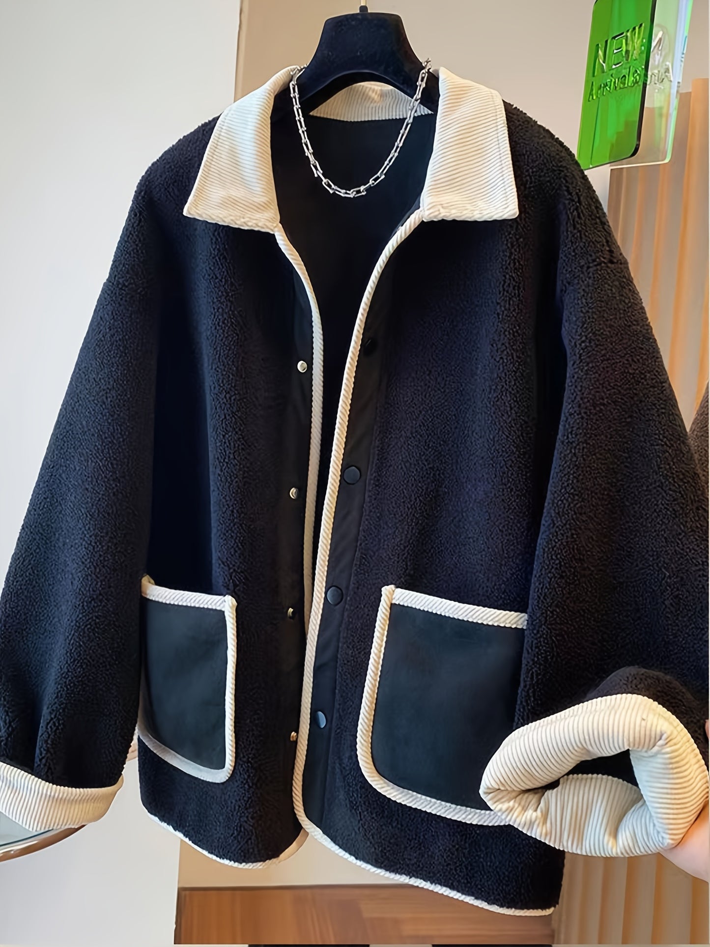 Sixsr Contrast Trim Patched Pockets Outwear, Versatile Long Sleeve Button Front Coat For Fall & Winter, Women's Clothing
