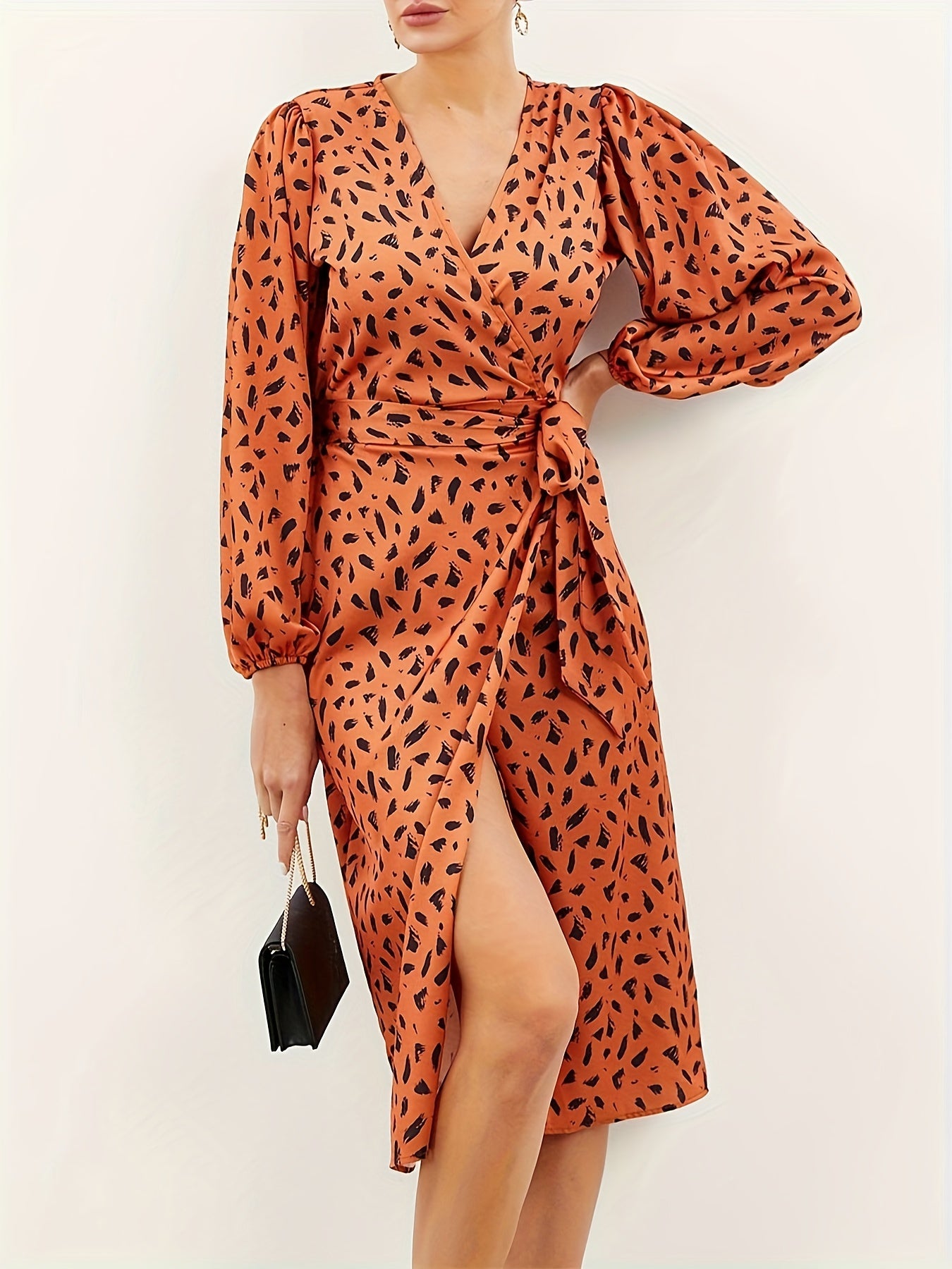 Sixsr Allover Print Wrap Dress, Casual Long Sleeve V Neck Midi Dress, Women's Clothing