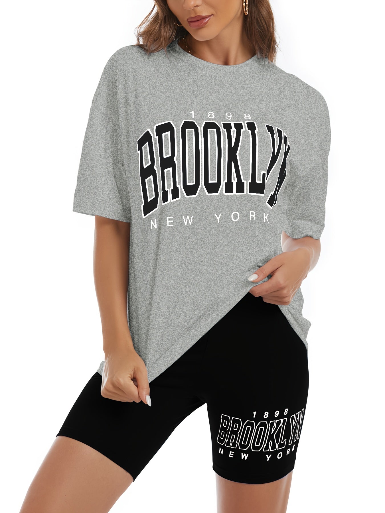 Sixsr Stylish Letter Print Two-piece Set, Casual Crew Neck Short Sleeve T-shirt & Slim Summer Shorts Outfits, Women's Clothing