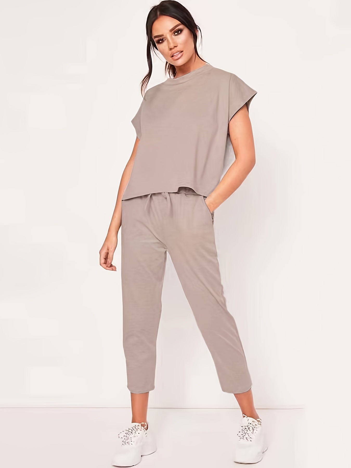 Sixsr Casual Solid Pantsuits Two-piece Set, Short Sleeve Round Neck Tops & Drawstring Cropped Pants Set, Women's Clothing