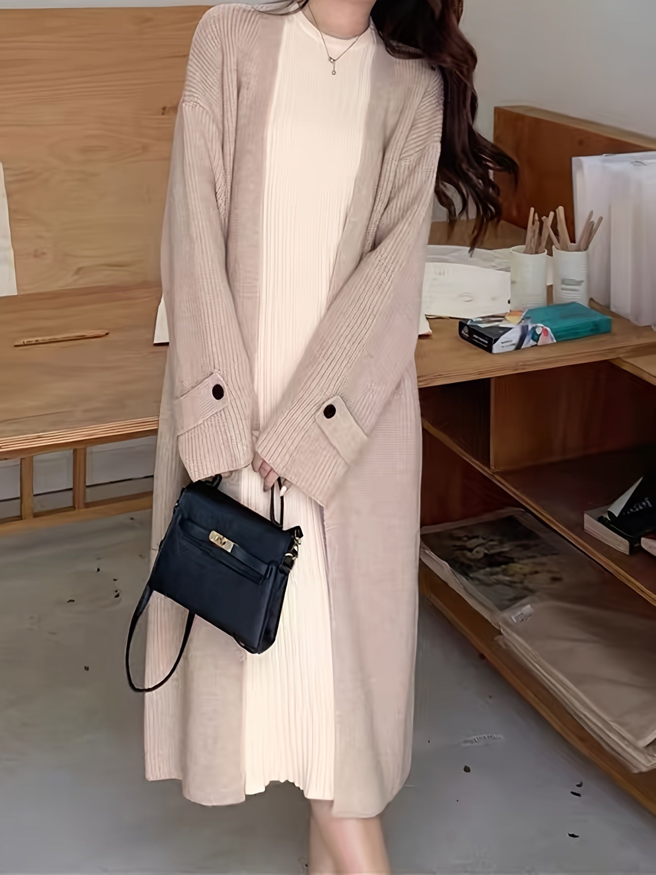 Sixsr Elegant Open Front Solid Cardigan, Long Sleeve Midi Length Cardigan For Fall & Winter, Women's Clothing