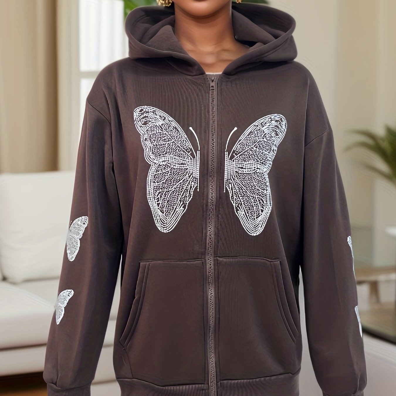 Sixsr Y2K Butterfly Print Sweatshirt, Long Sleeve Crew Neck Zip Up Hoodies Sweatshirts, Casual Tops For Fall & Winter, Women's Clothing