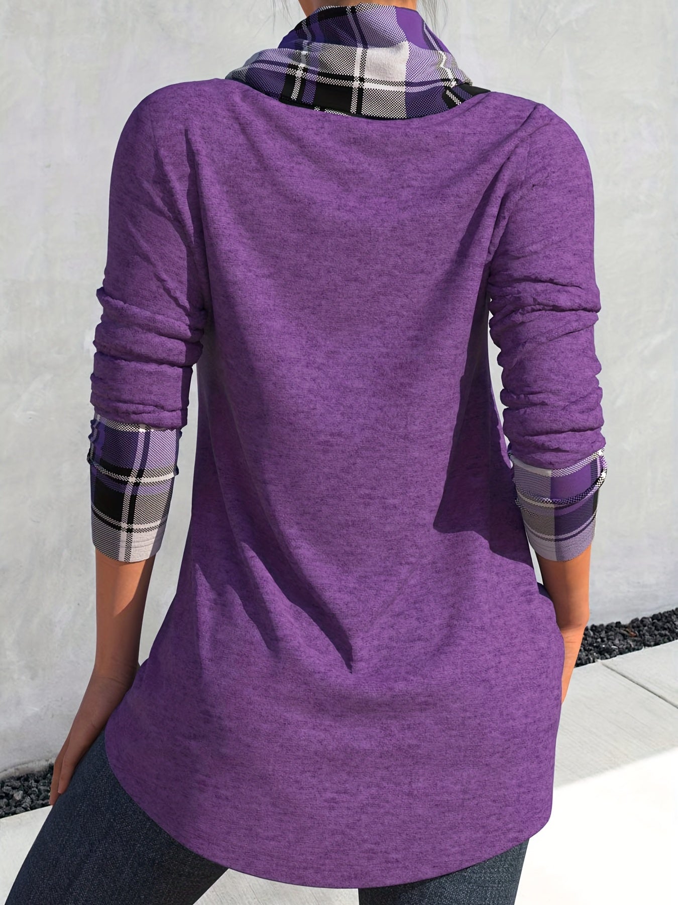 Sixsr Plus Size Casual Sweatshirt, Women's Plus Colorblock Plaid Print Long Sleeve Mock Neck Button Decor Pullover Top