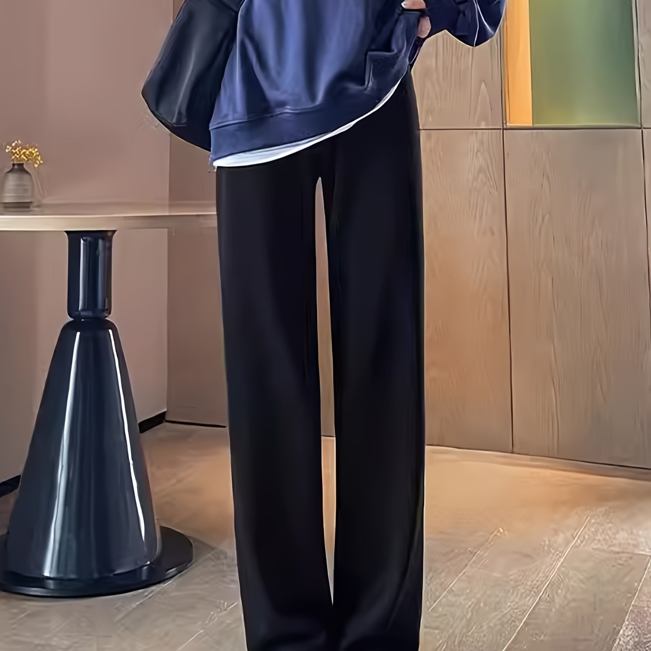 Sixsr Solid Draped Straight Leg Pants, Casual High Waist Loose Pants, Women's Clothing