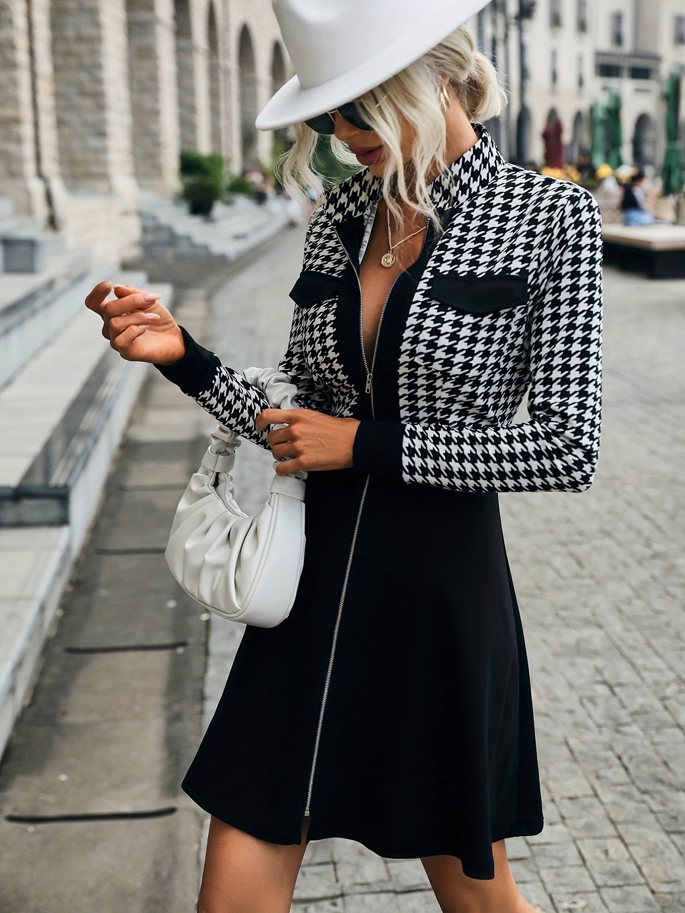 Sixsr Houndstooth Print Zipper Dress, Elegant Long Sleeve A Line Dress, Women's Clothing