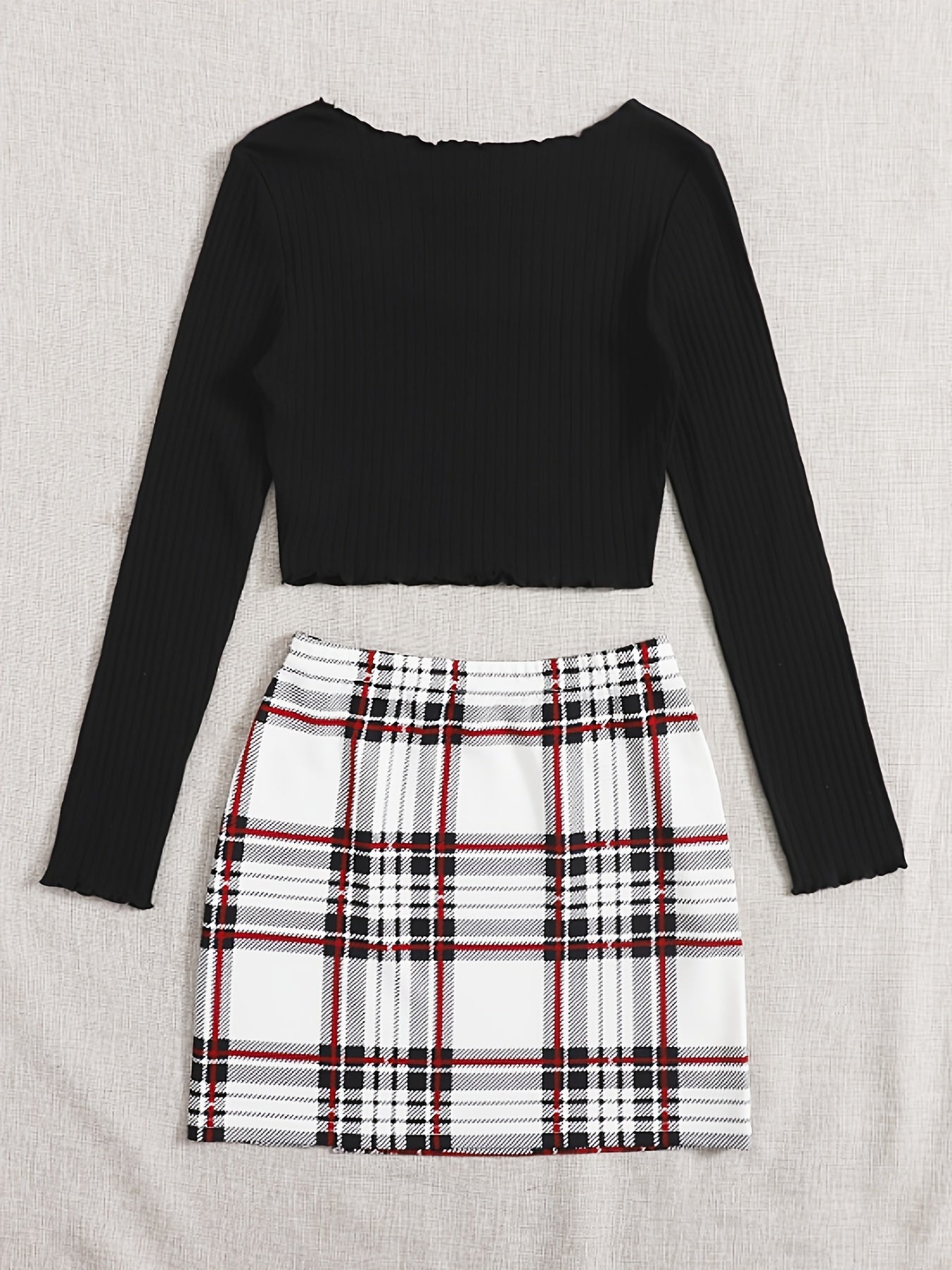 Sixsr Women's Stylish Two Piece Set, Solid Square Neck Crop Top & Plaid High Waist Mini Skirt, Women's Clothing