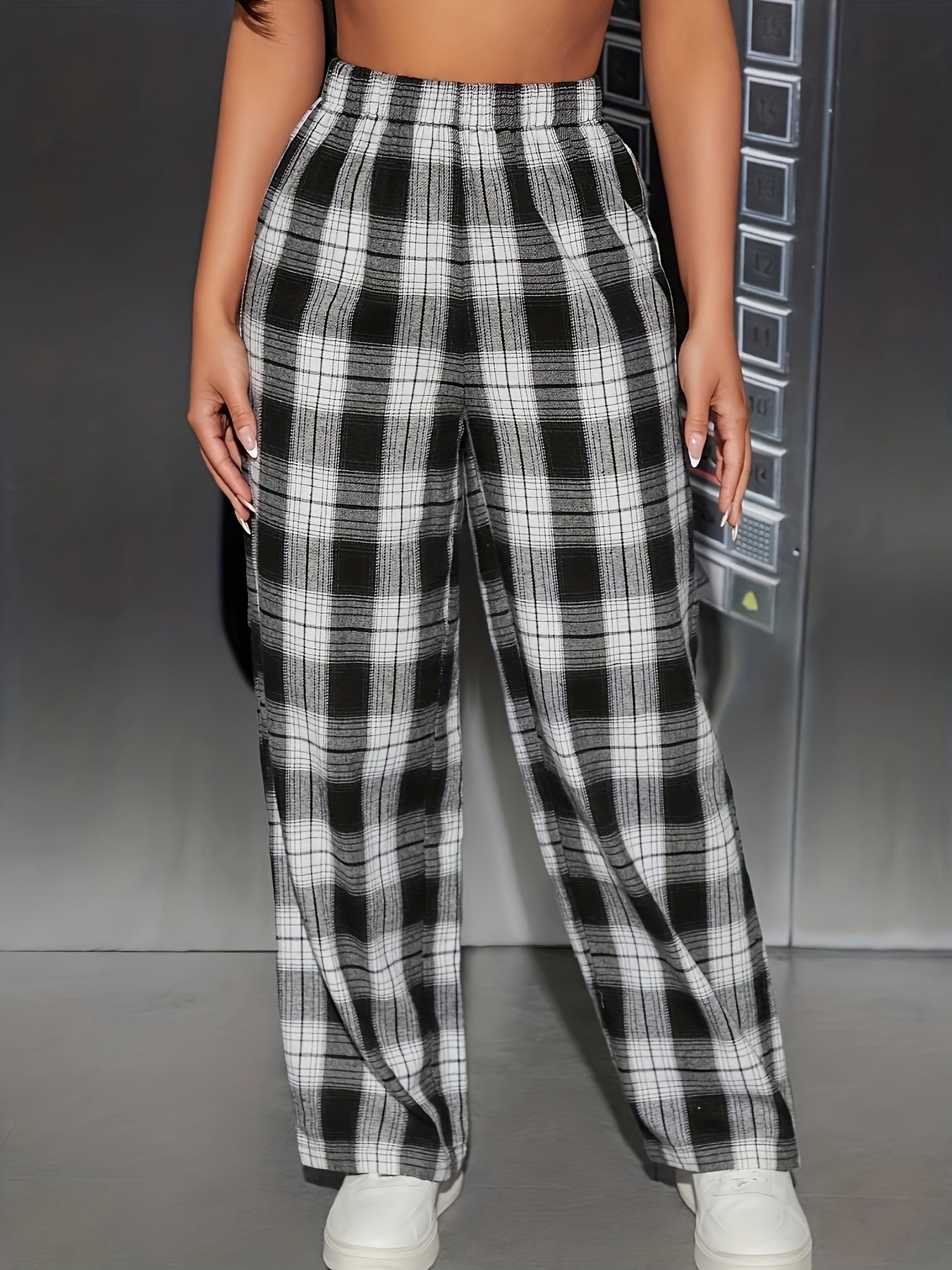 Sixsr Plaid Print Straight Leg Pants, Casual Loose Elastic Waist Pants, Women's Clothing