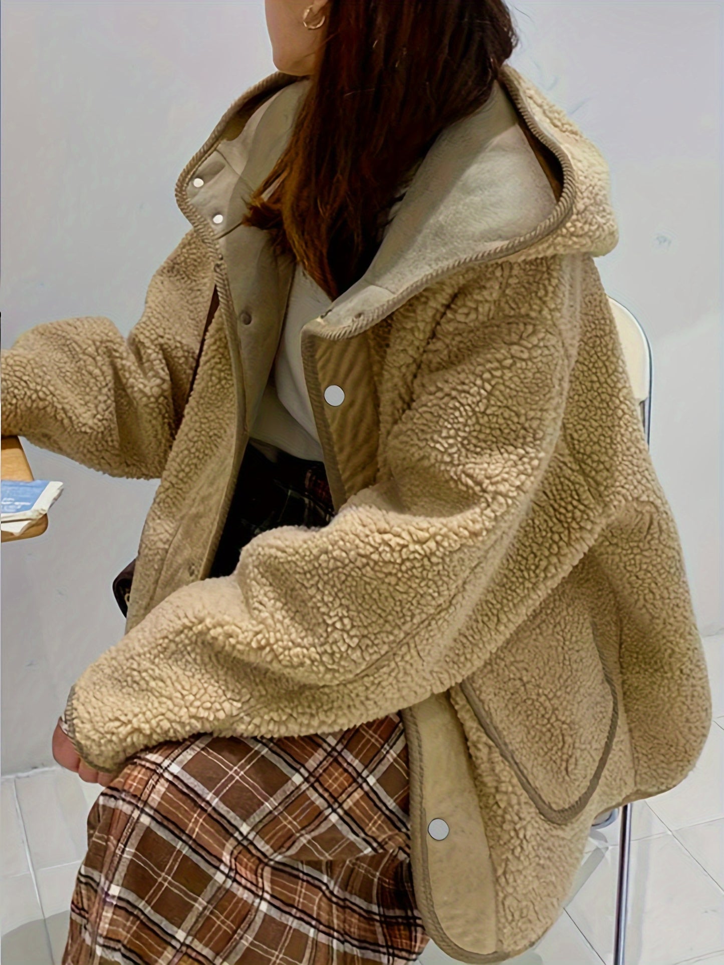 Sixsr Solid Hooded Teddy Coat, Casual Button Front Long Sleeve Winter Outerwear, Women's Clothing