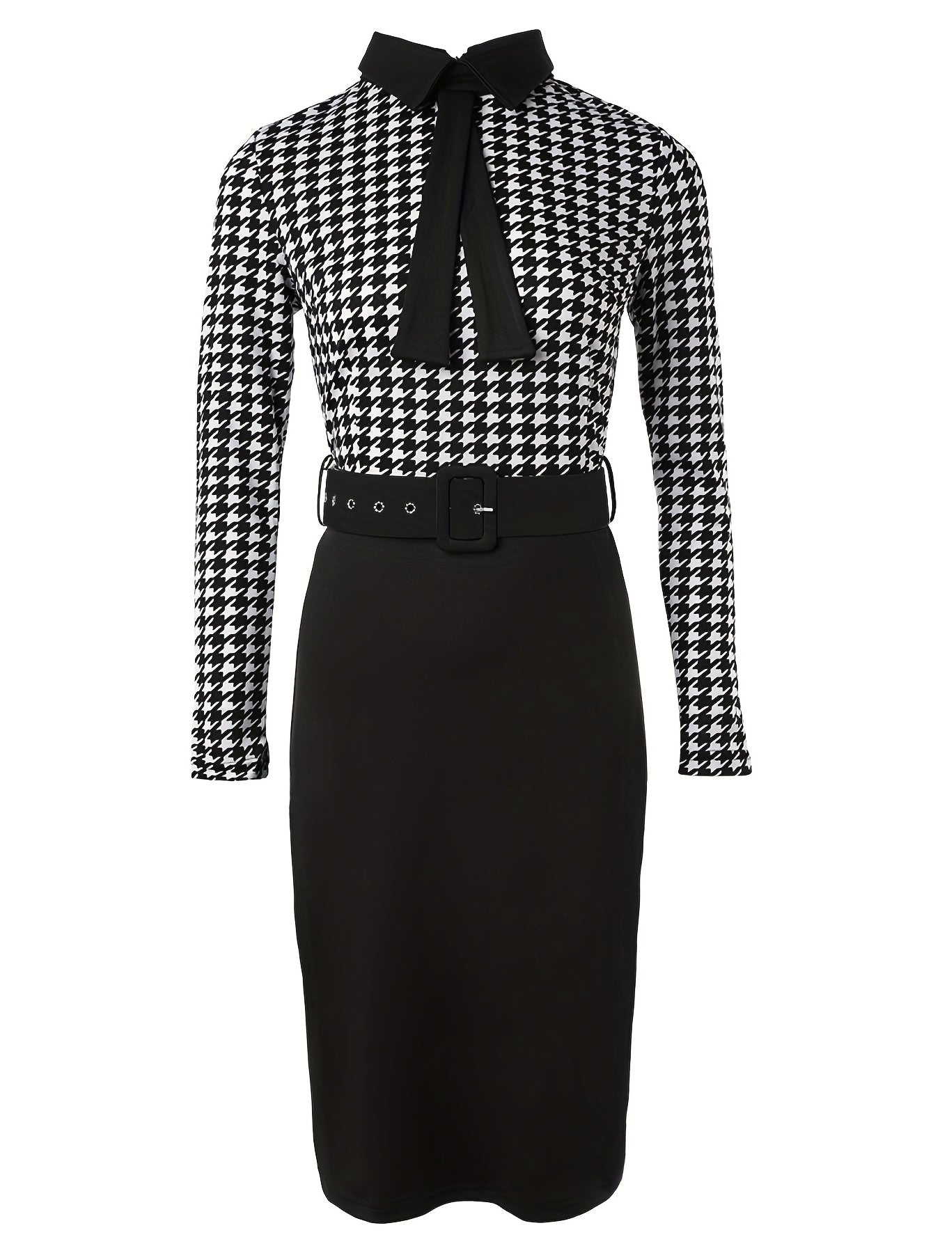 Sixsr Houndstooth Print Bodycon Dress, Elegant Long Sleeve Midi Dress, Women's Clothing