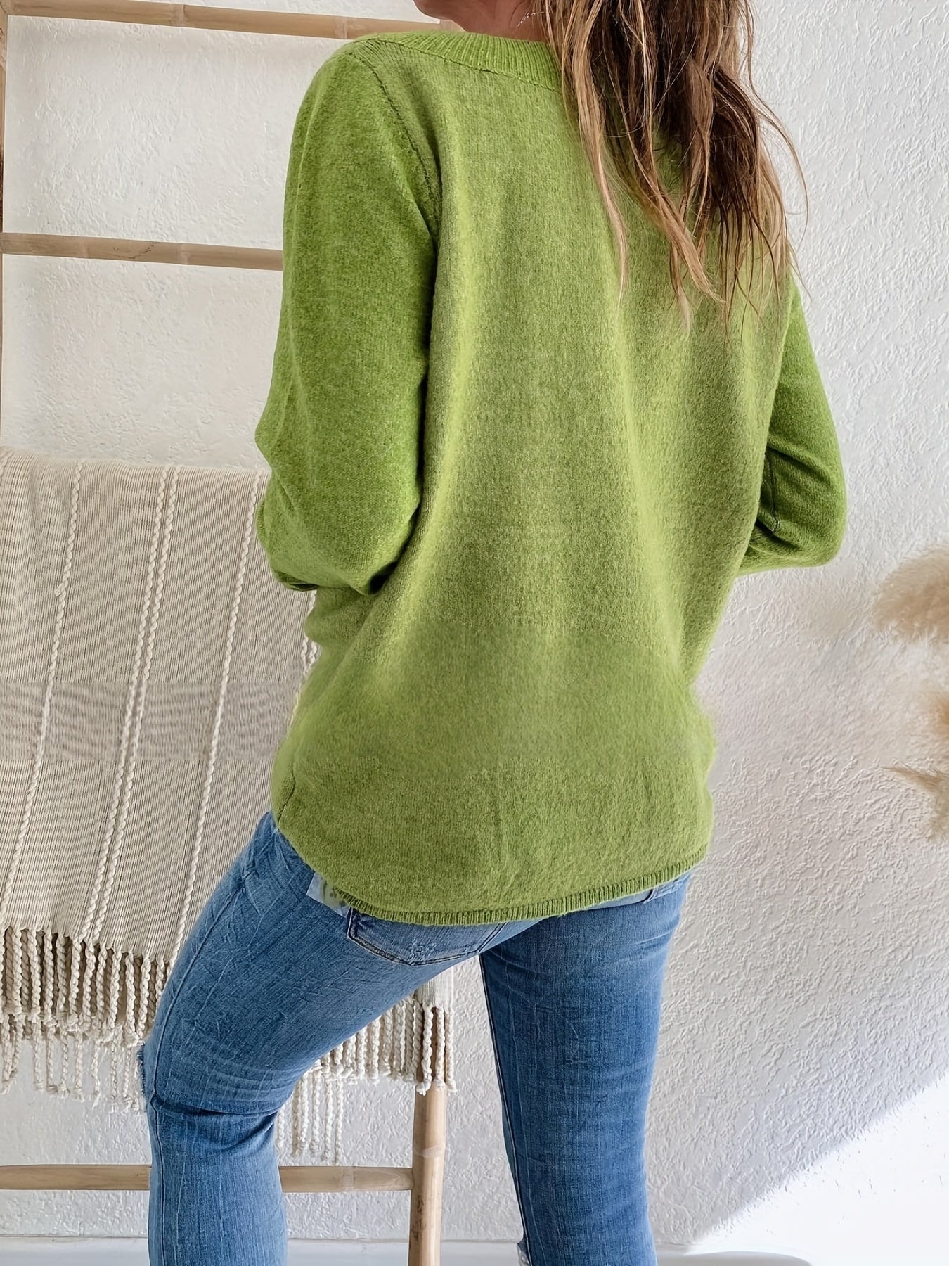 Sixsr Solid Versatile Knit Sweater, Casual V Neck Long Sleeve Sweater With Buttons, Women's Clothing