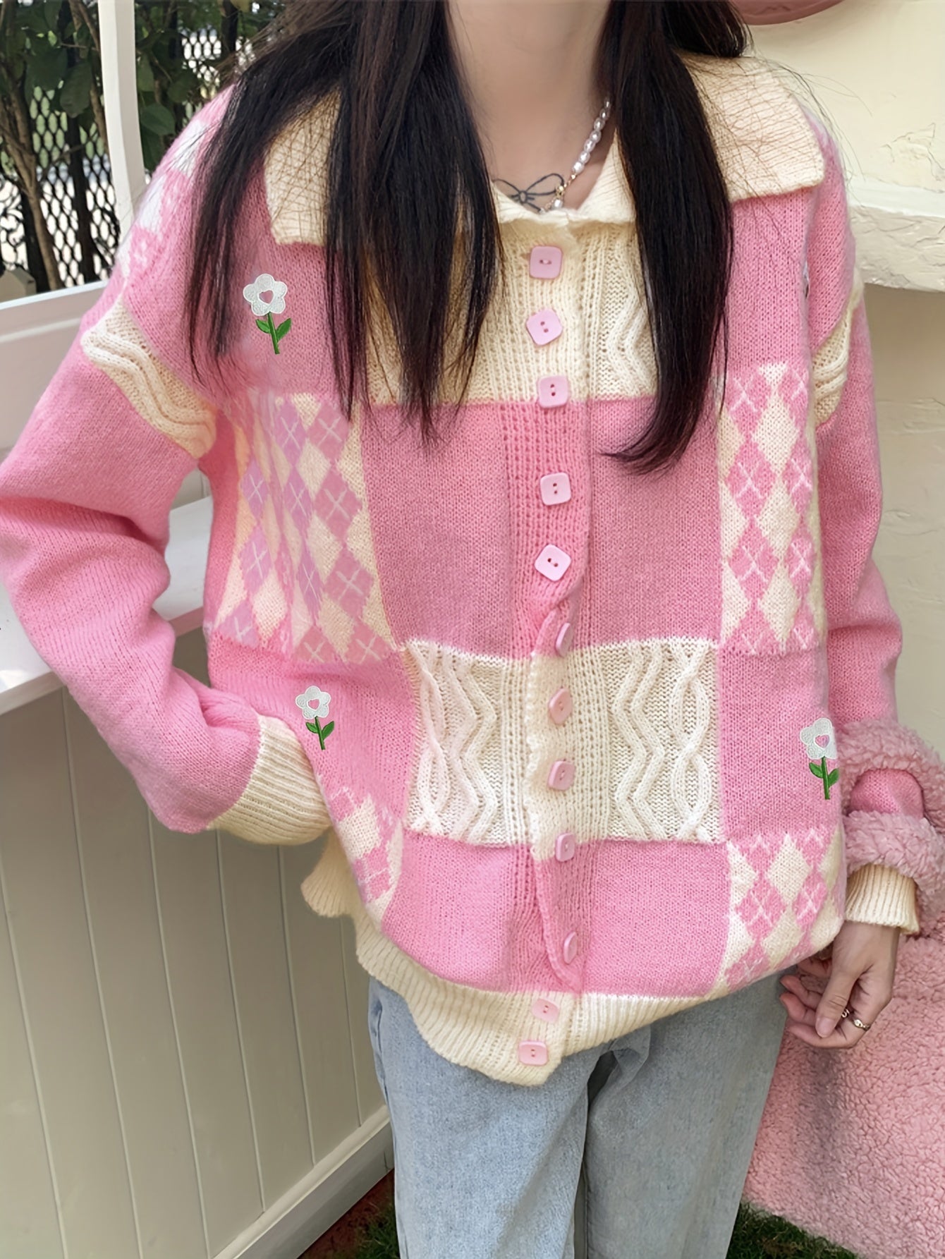 Sixsr Flower & Plaid Pattern Single Breasted Cardigan, Sweet Long Sleeve Cardigan For Fall & Winter, Women's Clothing